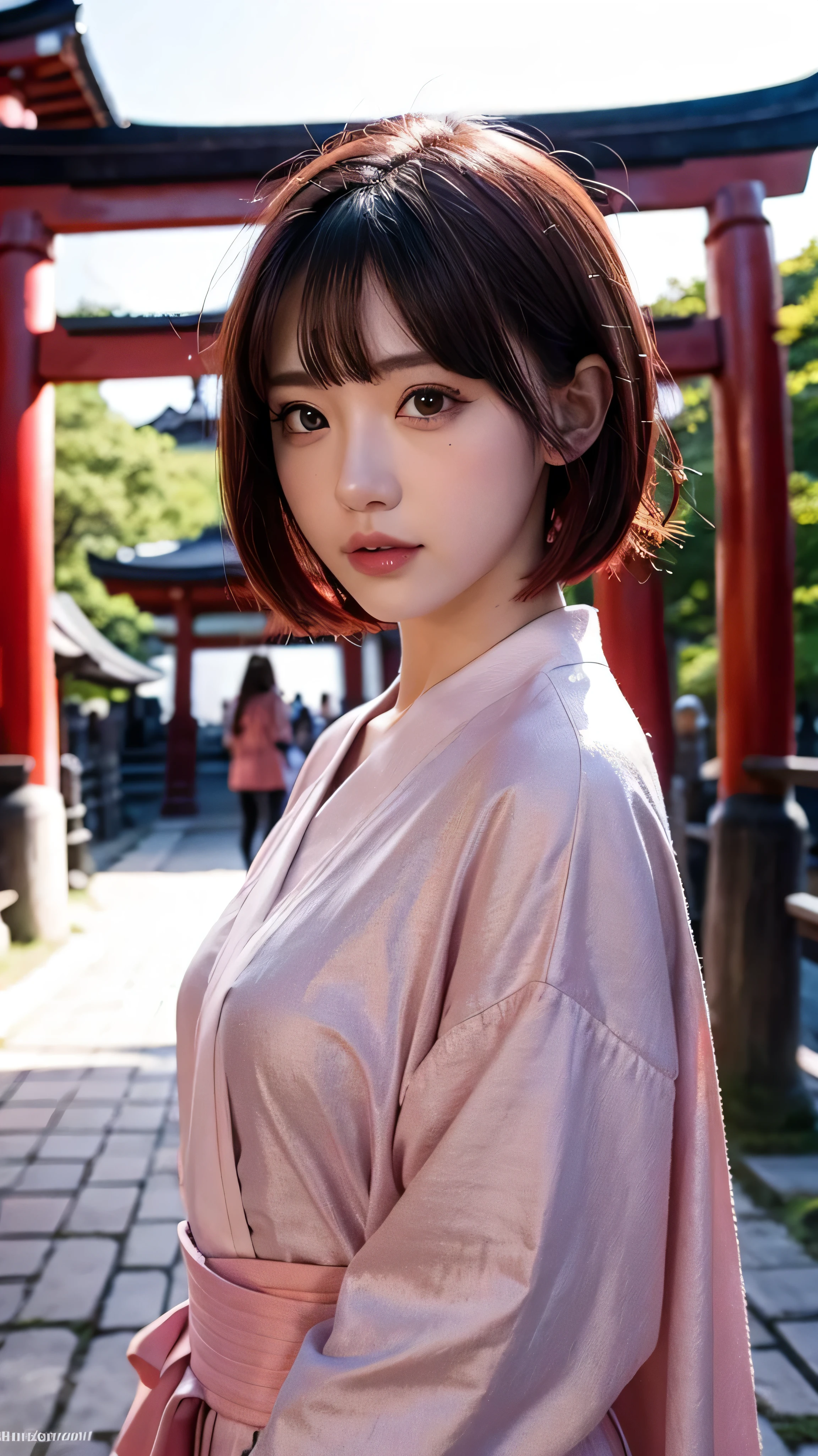 in high definition、paint_ style, Fushimi Inari Taisha in Kyoto、In front of the red torii gate 、 1 girl, Alone, watches viewers, short hair, bangs, maroon hair, Face Details , yellow eyes, Beautiful lips, lips, eyelashes, pink shirt,Denim full body highdefinition picture、 portrait , Relaxed Atmosphere 。