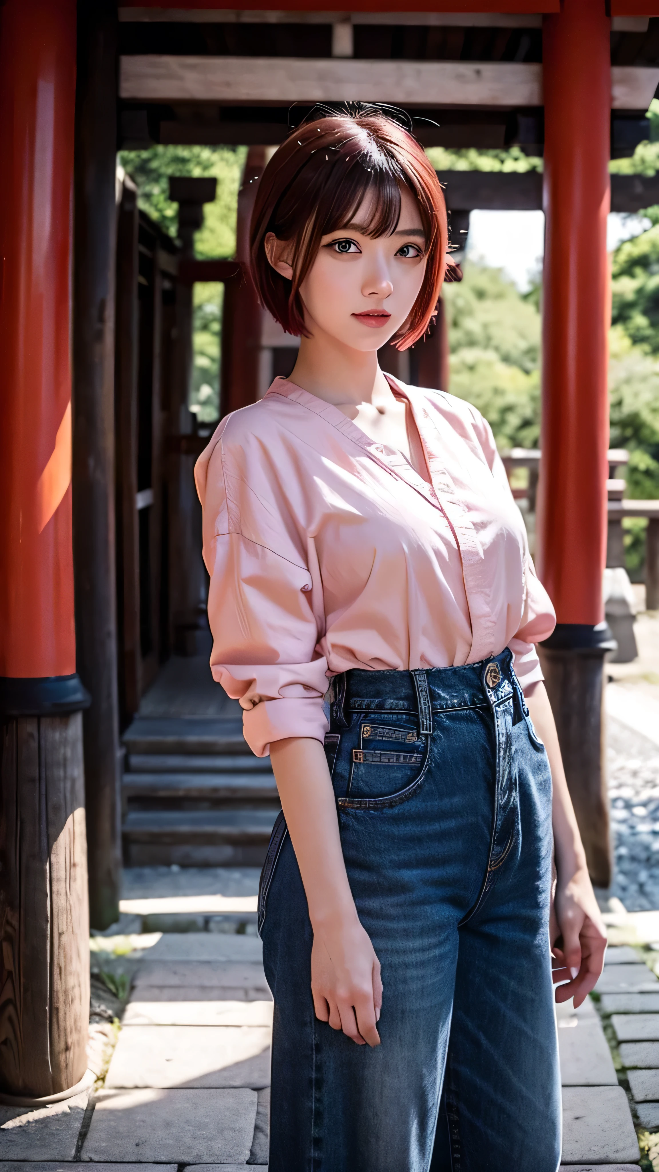  in high definition、paint_ style, Fushimi Inari Taisha in Kyoto、In front of the red torii gate 、  1 girl, Alone,  watches viewers,  short hair, bangs,  maroon hair,  Face Details ,  yellow eyes, Beautiful lips, lips,  eyelashes,  pink shirt,Denim full body highdefinition picture、  portrait , Relaxed Atmosphere 。