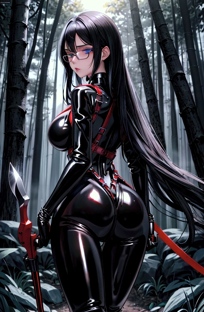 ((blood droplets)), ((blood)), ((blood splatter)), ((blood on clothes)) ((blood stain)), Masterpiece, Beautiful art, professional artist, 8k, shy expression, very detailed face,1 girl, view from behind, perfect ass, standing, BIG BREASTS, perfectly drawn body, pale skin, shy expression, beautiful face, long black hair, 4k eyes, very detailed eyes, pink cheeks, choker:1.6, (shiny black tight bodysuit), holds an ax with his right hand, Sensual Lips, show details in the eyes, dark forest, Atmosphere, fog, At night