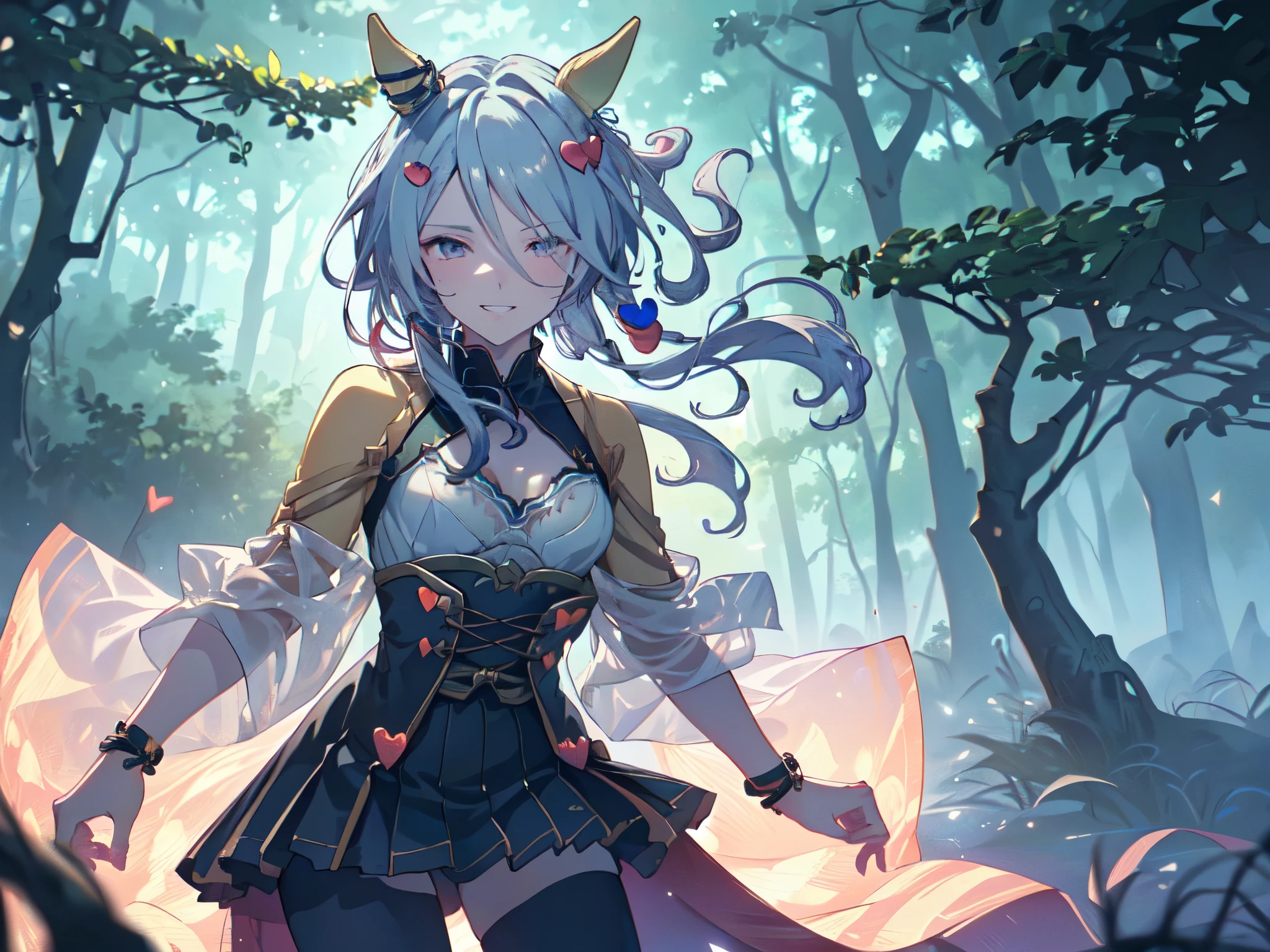 (((Solo, girl with horse ears and horse tail, Japanese princess, ((see-through)), no bra, cable sweater, skirt, blue outfit, thighs in tights, ((heart-shaped accessory, hair accessory)), toothy grin, squinting, glowing eyes, hair tousled in the wind, ((dark forest)), night, starry sky, strong wind blowing, sexy pose, looking at camera, detailed body structure, 2D animation, masterpiece, best quality, highest resolution, flat chest, close-up of upper body, live action)))