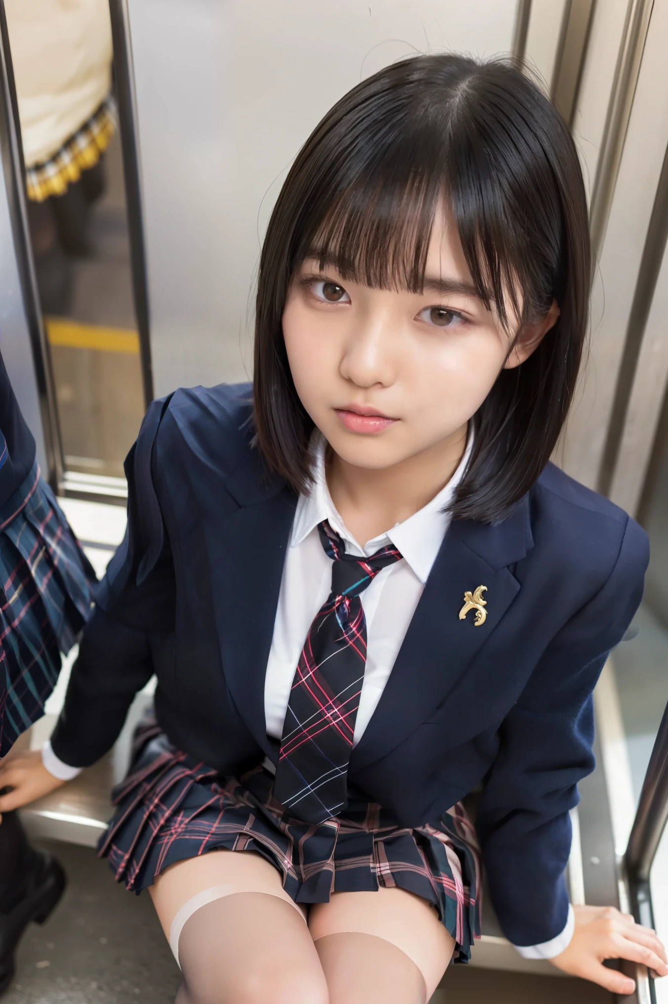    girl (   Masterpiece: 1.4), (8k, Genuine,    RAW Photo   ,    Top Quality: 1.4),    Japanese, (1 girl ),    beautiful face, (Genuine Face: 1.4), (     beautiful black hair  ,     medium hair  : 1.3),     BEAUTIFUL HAIRSTYLES  , Genuineistic Eyes,     Beautiful Details   Eyes, (Genuine Skin: 1.3),    's beautiful skin  ,    attractive,    超  high resolution, Ultra Genuineistic,    high resolution,    golden ratio, (   detailed face: 1.4), Front    、(    Japanese 18-year-old high school girl))　((     plump  ))　 (8k), (   Top Quality: 1.2), ( exist), ( exist: 1.37),   超  high resolution,    girl1 person,    cute,    blanking,shut up,   pink lips,   Beautiful Details   , Beautiful Nose,       beautiful black hair   , bangs, pork,    thighs，Self snap,University Uniforms,Sitting on a Tokyo train,   simple blazer, pleated skirt   from above,(   skirt and tie from the top of the pleated skirt is tartan check.....:1.3),   cross your legs,    from above,(   close-up of thighs),(   shiny pantyhose  ),(Opaque blue knee-high socks   :1.2)
