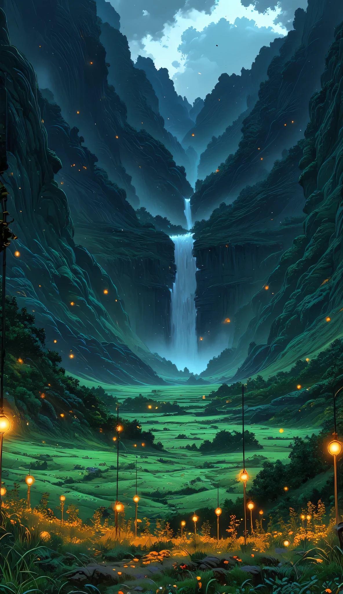 Viral anime nature wallpaper in 4K quality, inspired by Studio Ghibli's *Princess Mononoke* aesthetic. Features a lush, sprawling valley surrounded by towering, moss-covered cliffs, with a cascading waterfall in the distance. The scene is bathed in golden-hour sunlight, casting long shadows and highlighting the dewy grass. Ethereal spirits, resembling glowing orbs and small forest creatures, float among the trees and flowers. Use a rich, earthy color palette with soft gradients, and include a faint mist rising from the valley floor. No human characters. The atmosphere is mystical, serene, and deeply connected to nature. 