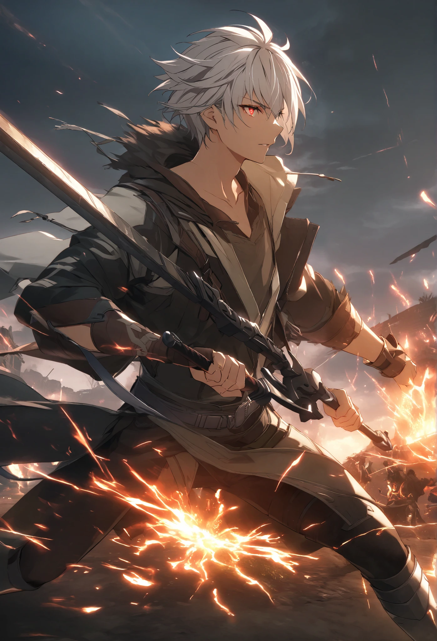 high quality、 Masterpiece、solo,Alone、Age 27,Young man、 Very Handsome 、、male々Shii、Shiny Hair、Disheveled silver hair、 short hair with bangs 、 Crimson Eyes、sharp glowing gaze、 Thin Macho、 well-balanced body、Warrior、Like Final Fantasy、Hold a large sword with one hand、 Glowing and Flowing Fire、Burning Earth 、battlefield