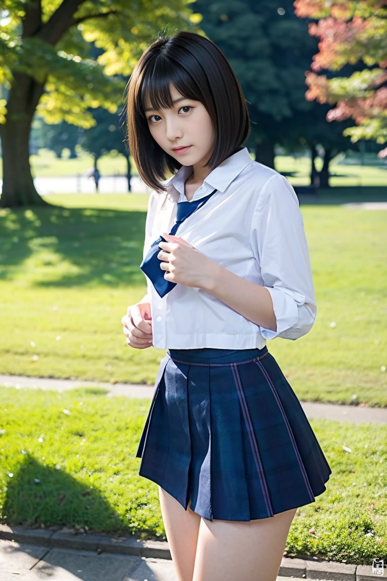 in 8K,top-quality,Real Image,intricate detailes,超A high resolution,Depth Field,masuter piece,natural soft light,profetional lighting,1 girl in,(cute little:1.2),an extremely beautiful ,A detailed eye,((Brown-eyed)),(Brown hair),(short-haired),(bangss),flawless skin,shinny skin,fair white skin,Fine skin,large full breasts,((perfect anatomia,nice hand,perfect hand,Five fingers connected to the palm of the hand,accurate hands without incongruity)),Perfect raw legs,delicate legs,perfectly proportions,A sexy,Chest visible,((Japan uniform)),((School Uniforms mini Skirt)),(neck tie),Black socks,Chano Leather Shoes,Squatting deep in the city,The crotch is visible,Show me your panties around town,both legs are bent,The legs are spread in an M shape,,I can see panties,Delicate thighs visible from the front