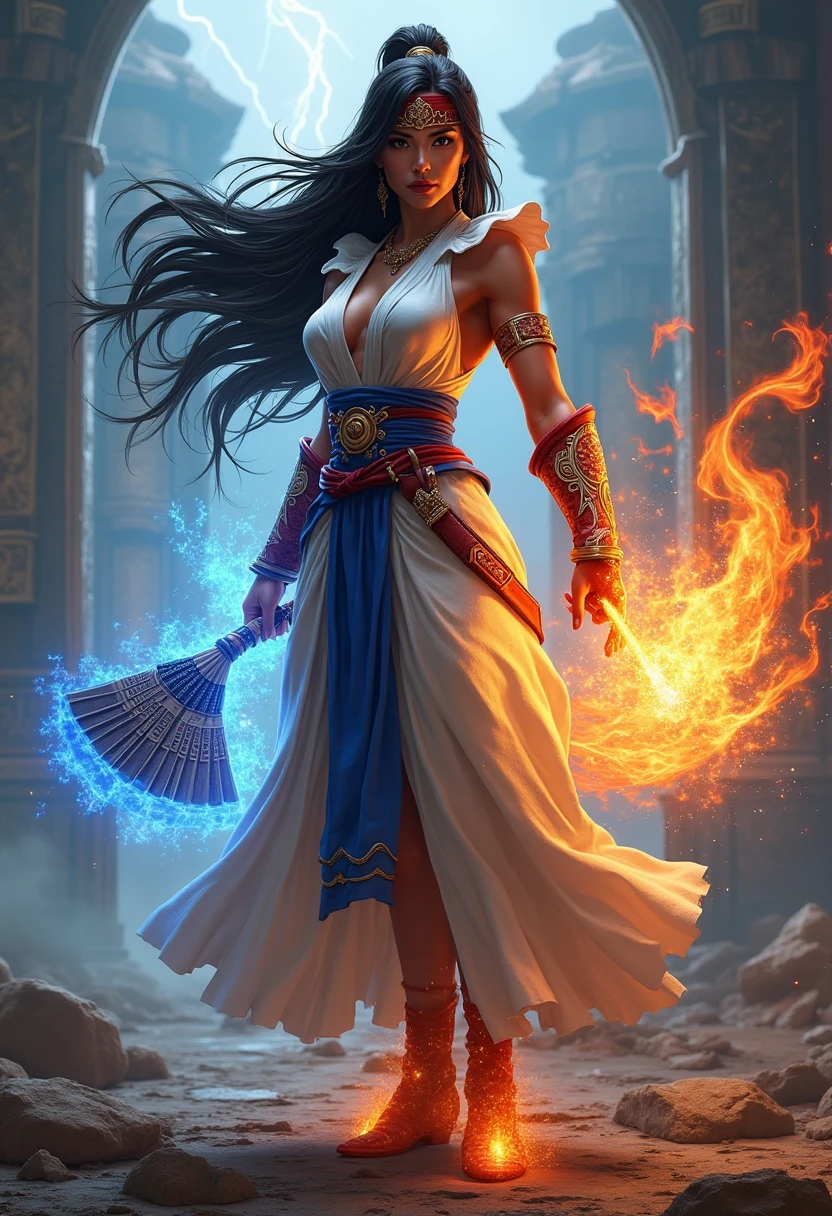 ((exposed shoulders, exposed cleavage, exposed thigh, wear strappy sandals)) Best quality, masterpiece, ultra high res,(photorealistic:1.4), xiuxian, weapon, Detailed face,
1girl, solo, weapon,(magic circle:1.2), upper body, Beautiful girl, full body, east asian architecture, sheath, architecture,