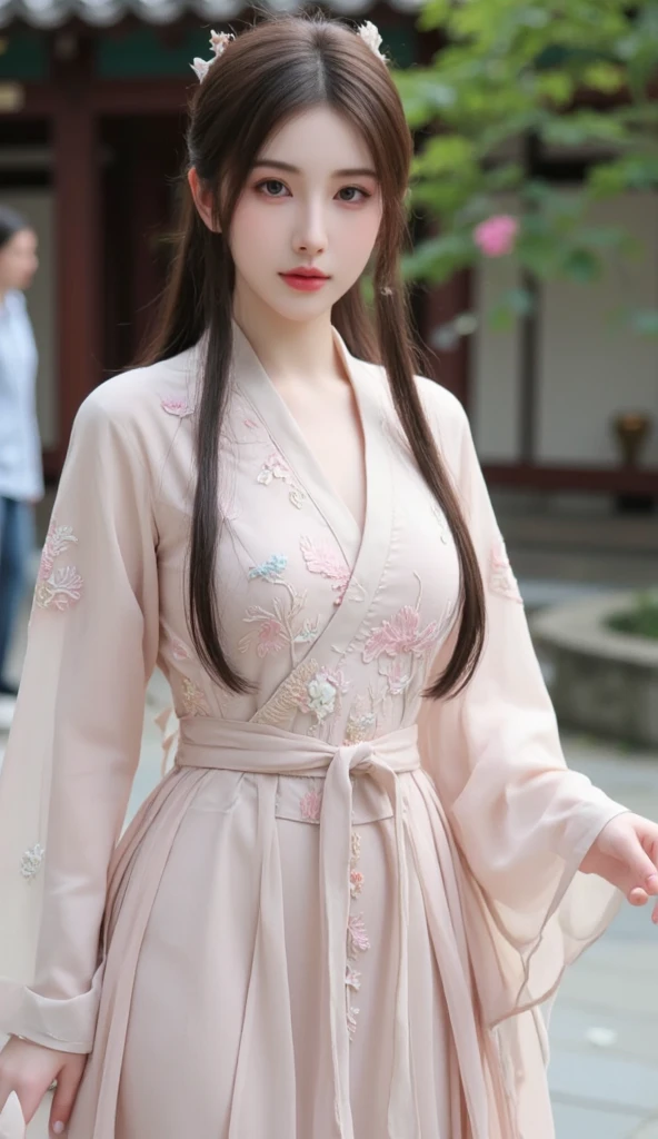 araffe woman in a pink dress with a flower crown on her head, a colorized photo inspired by Lan Ying, trending on cg society, realism, hanfu, palace , a girl in hanfu, ancient chinese princess, a beautiful fantasy empress, ancient china art style, ancient asian dynasty princess, chinese empress, white hanfu, chinese princess,looking down,