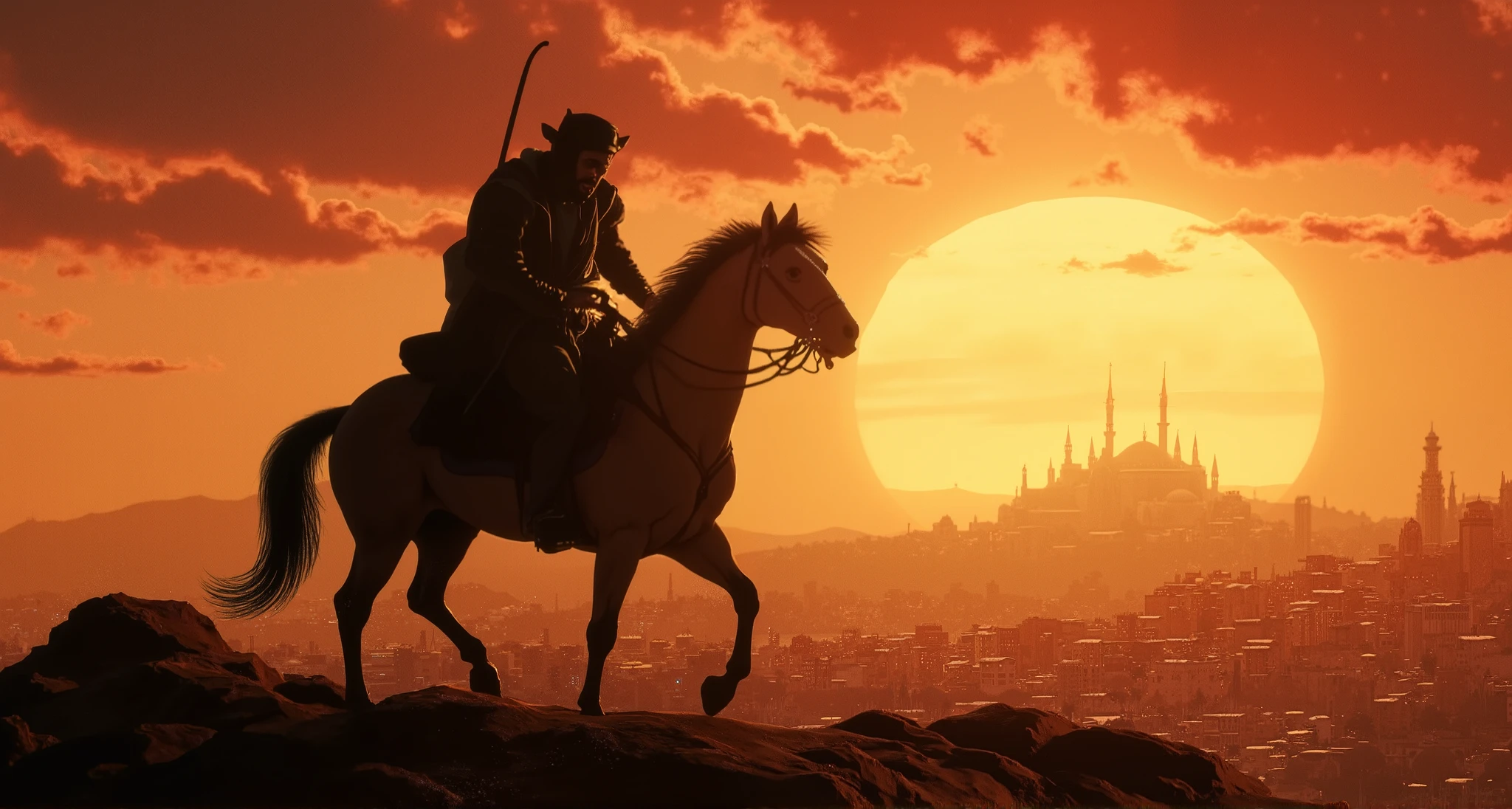 "A lone arabian figure on horseback, silhouetted against a fiery sunset, riding away from a distant city, his posture conveying defeat.
