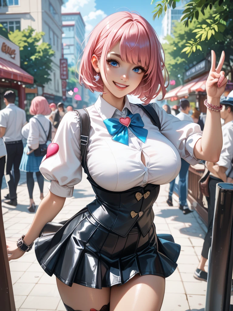 (Masterpiece, BestQuality:1.3), (ultra detailed:1.2), (hyperrealistic:1.3), (RAW photo:1.2), High detail RAW color photo, professional photograph, (Photorealistic:1.4), (realistic:1.4), professional lighting, perfect anatomy, (Big Breasts:1.1), (blush, detailed face), (cheerful Smile:1.5), Trending Hair&Trending Hairカラーをランダムに, earrings, necklace, bracelet, sexly, erotic sexly, Random sexy gravure poses, (A beautiful pink-haired girl in Lolita fashion is in a city street square。Hair in a ponytail、spread your skirt。:1.3)