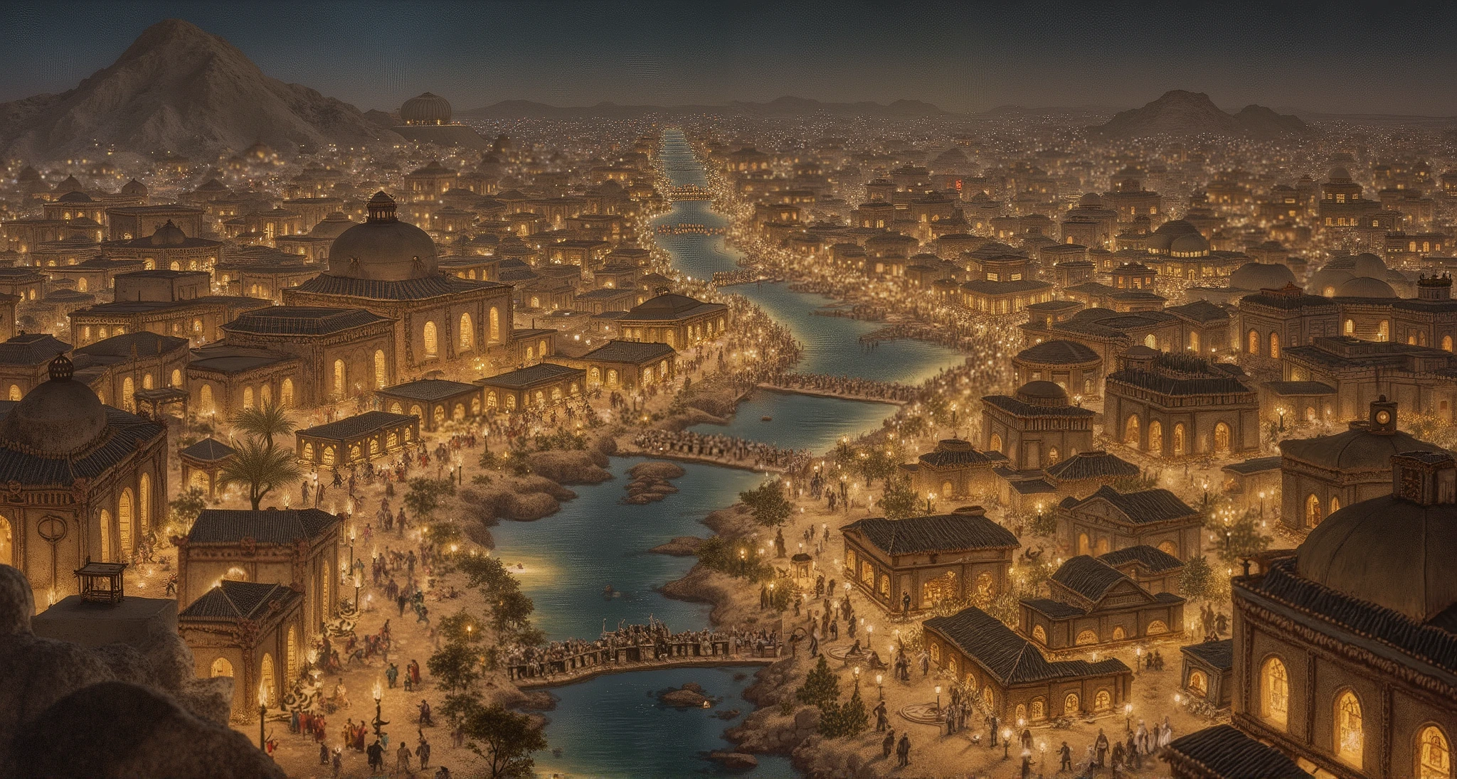 A wide shot of a bustling arabian 6th century city at night, illuminated by countless lamps and torches, with figures moving through the streets, suggesting prosperity and cultural exchange. Focus on the arabian architecture and the lively atmosphere