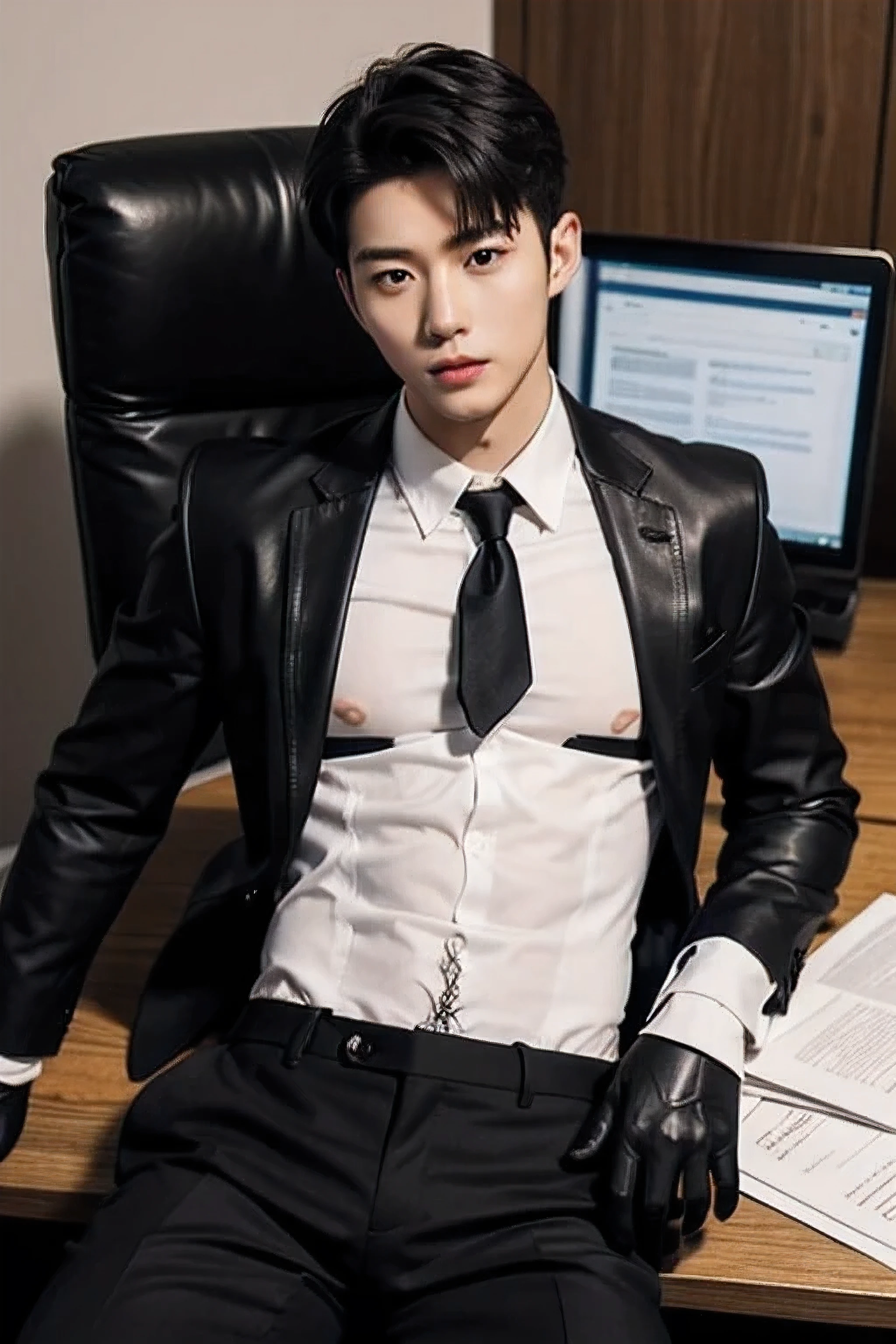 Masterpiece, Super real, 8K, male people, (1boys:1.5), wearing stripe shirt, Open clothes, opening legs,partially unbuttoned, Black slacks, sitted,(full bodyesbian:2), Real background, office backdrop,