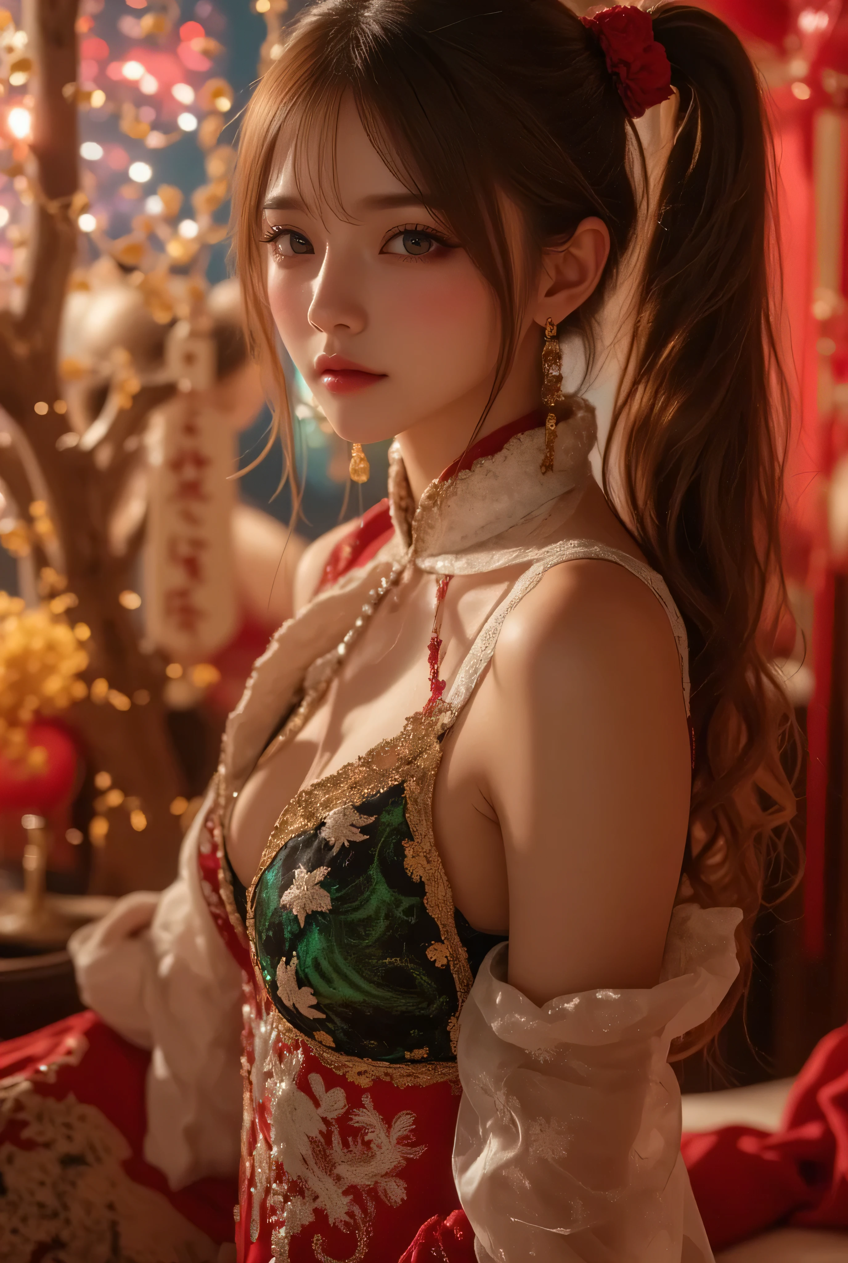 realistic, high resolutionเป็นพิเศษ, photo-realistic, Masterpiece, SEXY GESTURES, Highest quality, ((high resolution)), Waist up, 1 woman, ((beautiful woman)), mature woman, ((European girl)), alone, decorations, ((Blonde Hair)), ((Slender face)), ((PonyTail)), ((Red eyes)), Sharp eyes, decorationsที่ผมสีเงิน, dark brown eyeliner, put on makeup, red lips, Hanfu, ((big breasts)), red shirt, black coat, Gold Earrings, Taoist uniform,