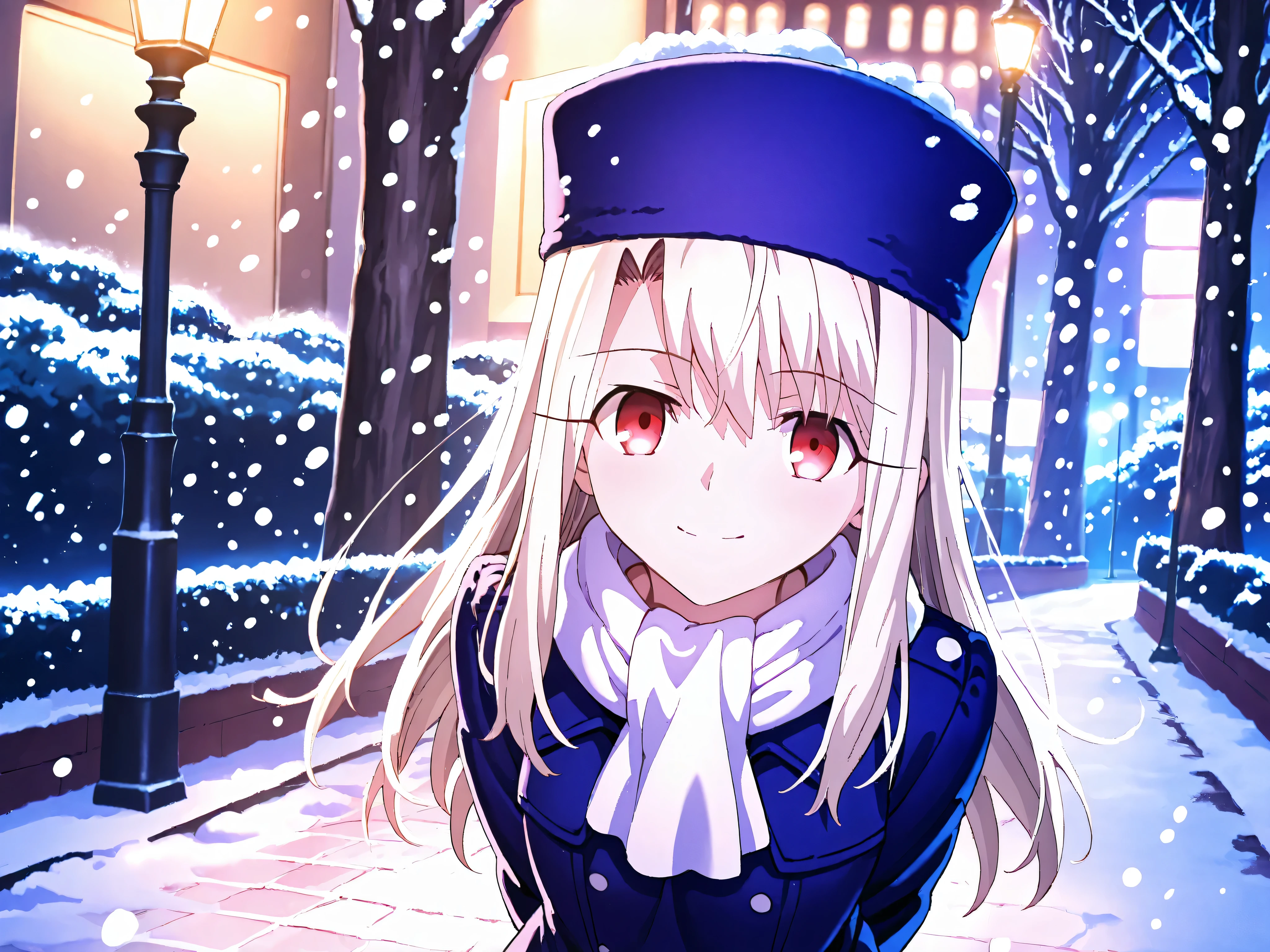 1girl, solo, high detailed, high quality,  Illyasviel, von Einzbern, fate stay night, blue coats, blue hat,  smile,  walks at night in the park, hands behind his back, lamppost, It's winter, it's snowing,  white scarf, 