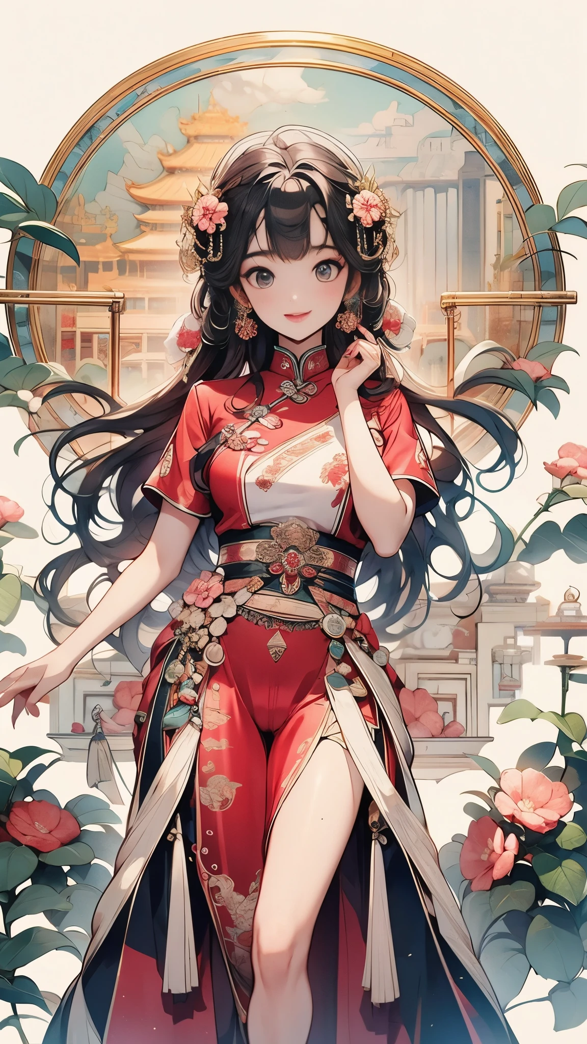 (RAW photo, best quality, masterpiece: 1.2), (Practical, photo-practical: 1.4), (Masterpiece: 1.4), (Best quality: 1.4), Chinese clothing, short skirt, ((dynamic pose)), (((Temple background))), Hair ingestion, ((Long hair invisible)), Looking at viewer, Smiling, (((Thigh gap))), Thighs, Very long hair, Colorful hair, Alice\ (nods\), (radiant skin), practical.