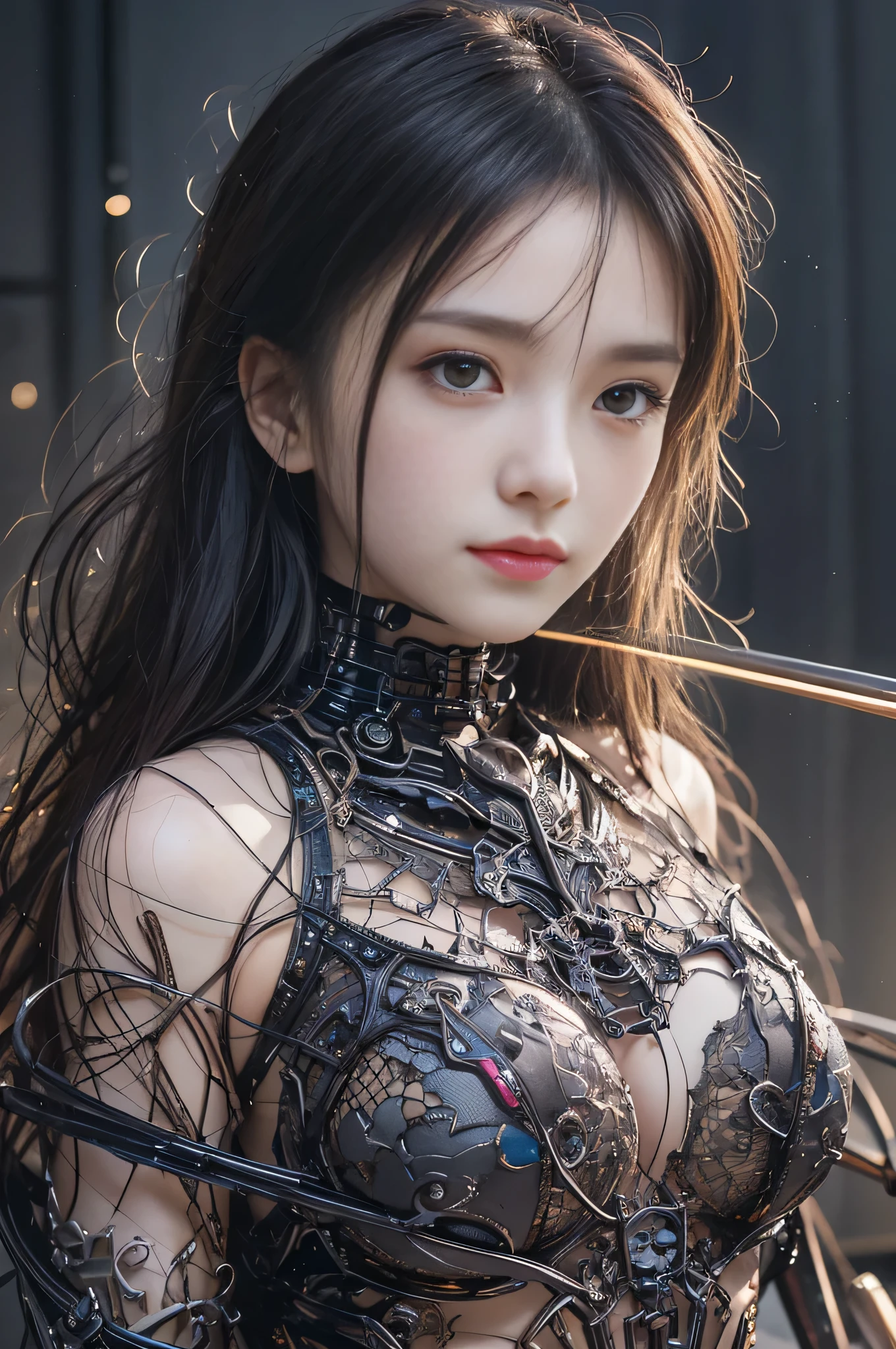 highest quality、masterpiece、ultra high resolution、(photorealistic: 1.4)、Demolition and repair、1 girl、black hair、Shiny skin、機械1 girl、(Super realistic details))、Portrait、global illumination、shadow、octane rendering、8K、super sharp、big、Cleavage exposed raw skin、Metal、intricate decorative details、egypt details、very intricate details、realistic light、CGSoation Trend、purple eyes、shining eyes、facing the camera、neon details、mechanical limbs、tube connected to blood vessel、mechanical spine attached to the back、Mechanical cervical vertebrae attached to the neck、((Sleeping on a bed)、Wires and cables connected to the head、Evangelion、Small LED Lamp、
