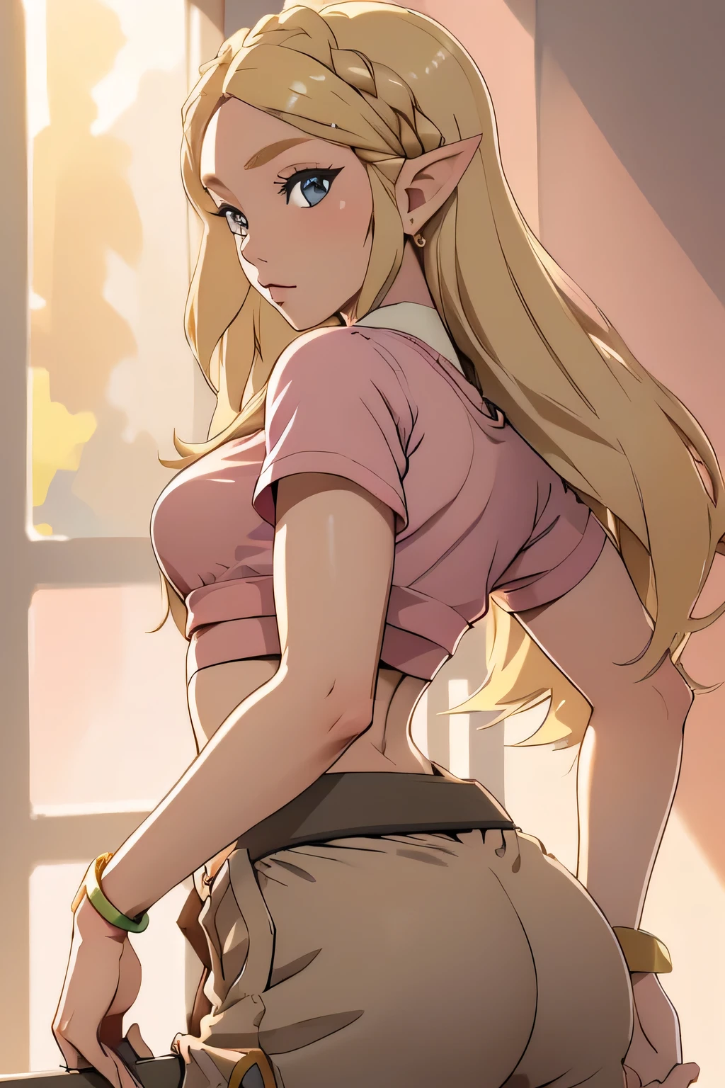 1girl in, age21, princess Zelda, photo of perfect woman, portrait, looking straight at camera, 5'3", Solo, Aesthetic artwork, (blond, straight blonde hair, waist length blond hair:1.25), (clear skin, pale skin, small breasts, B-cup, runners body, very thin waist, skinny, petite, detailed skin texture, (Masterpiece), (shot from behind, up skirt, flirty expression, focus on ass:1.2), ((blank background, plain background, blank wall, (wearing an low rise sweatpants, grey sweatpants, pink cropped t-shirt, crop top, pink shirt, cropped pink)), (extremely detailed 8k wallpaper), evening outdoor lighting, high quality, film grain, Fujifilm XT3 sharp focus, f 5.6, 50mm, High Detail, Sharp focus, (natural light), crazy details, complex details, hyper detailed