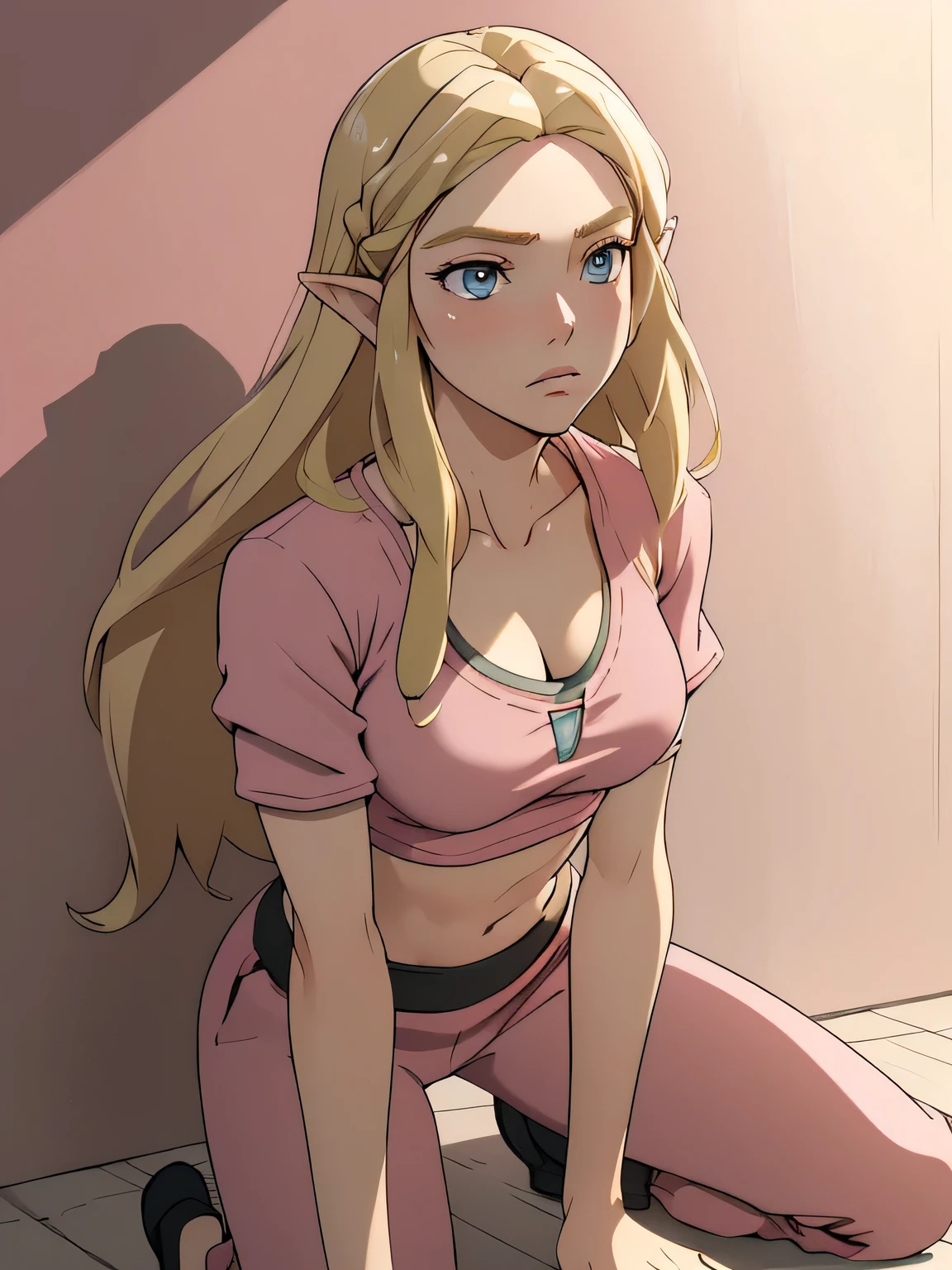 1girl in, age21, princess Zelda, photo of perfect woman, portrait, looking straight at camera, 5'3", Solo, Aesthetic artwork, (blond, straight blonde hair, waist length blond hair:1.25), (clear skin, pale skin, small breasts, B-cup, runners body, very thin waist, skinny, petite, detailed skin texture, (Masterpiece), (kneeling down before master, splits kneeling, legs apart), looking up at pov, sad expression, pleading, overhead perspective), (cleavage, focus on breasts:1.2), ((blank background, plain background, blank wall, (wearing an low rise sweatpants, grey sweatpants, pink cropped t-shirt, crop top, pink shirt, cropped pink)), (extremely detailed 8k wallpaper), evening outdoor lighting, high quality, film grain, Fujifilm XT3 sharp focus, f 5.6, 50mm, High Detail, Sharp focus, (natural light), crazy details, complex details, hyper detailed