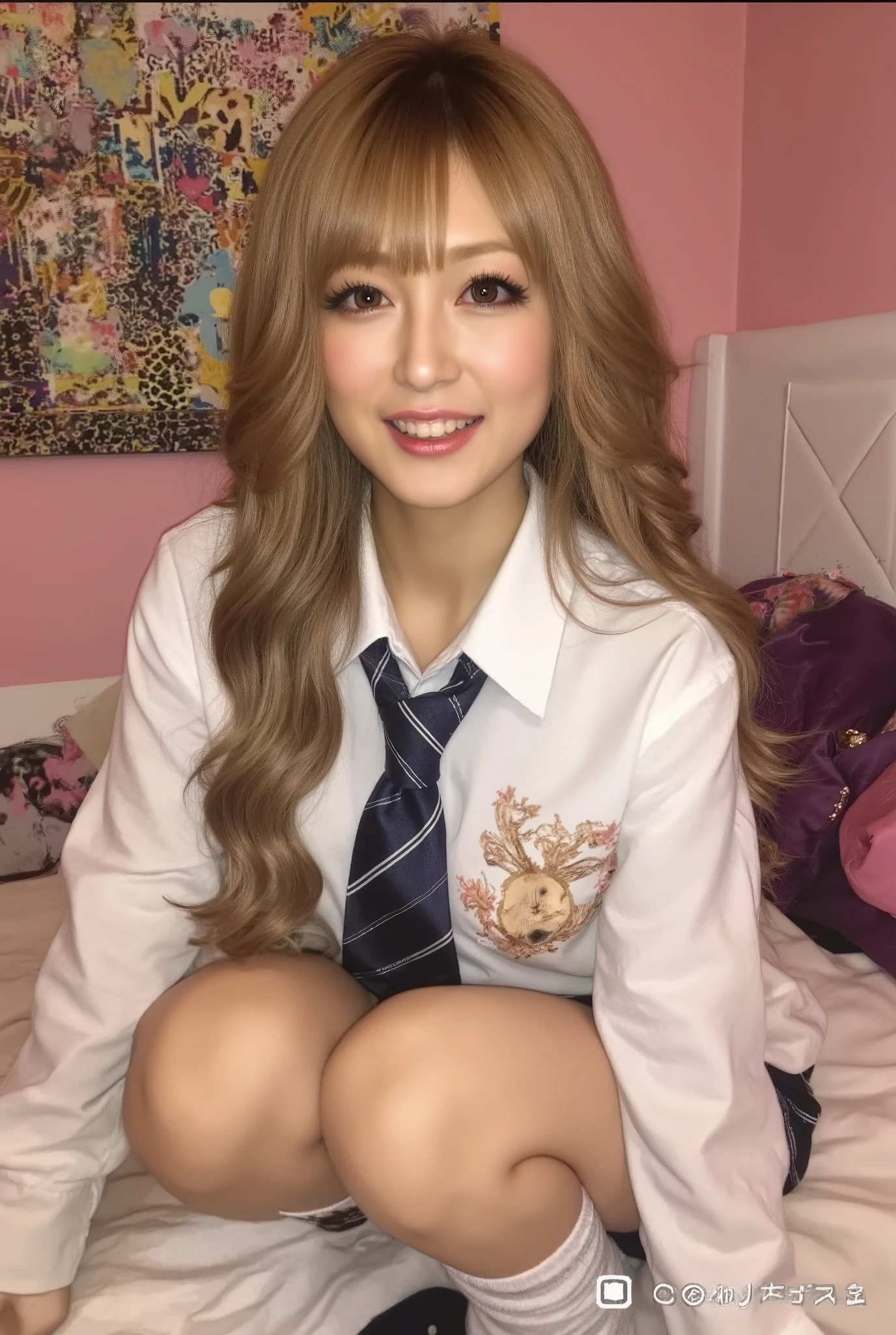1 girl,(forcus thighs) ,fullbody,from above,sexy lip, Staring in viewer, pale skin,young girl,yo,lying bed,in pink leopard feminine bedroom,((blonde hair)), beautiful face ,seductive smile,(((curvy,voluptuous,thighs:1.5))),squat,asian beauty,Heisei_Kogyaru_Flux,gyaru woman , dynamic pose,sexy,Looking seductively at camera,Juicy lips,Cleavage,hands on bed,large breast,school uniform,white shirts, school uniform,blue ties,blue pleated skirt, (loose socks ,JLSLoRA),School bag on bed, , high quality, 4k image, award winning photo,sharp detailed realistic image ,Hyperrealistic art of sharp detailed realistic image, detailed skin pore, detailed skin, perfect image, perfect body, perfect anatomy, sharp image, detailed image, high quality image, photographic image, photography style, realistic, photorealistic, perfect lip, Extremely high-resolution details, photographic, realism pushed to extreme, fine texture, incredibly lifelike,((Best Quality, 8k, Masterpiece:1.3)),Transparent eyes,Highly detailed face and skin textures, Detailed eyes,Ultra High Resolution ,