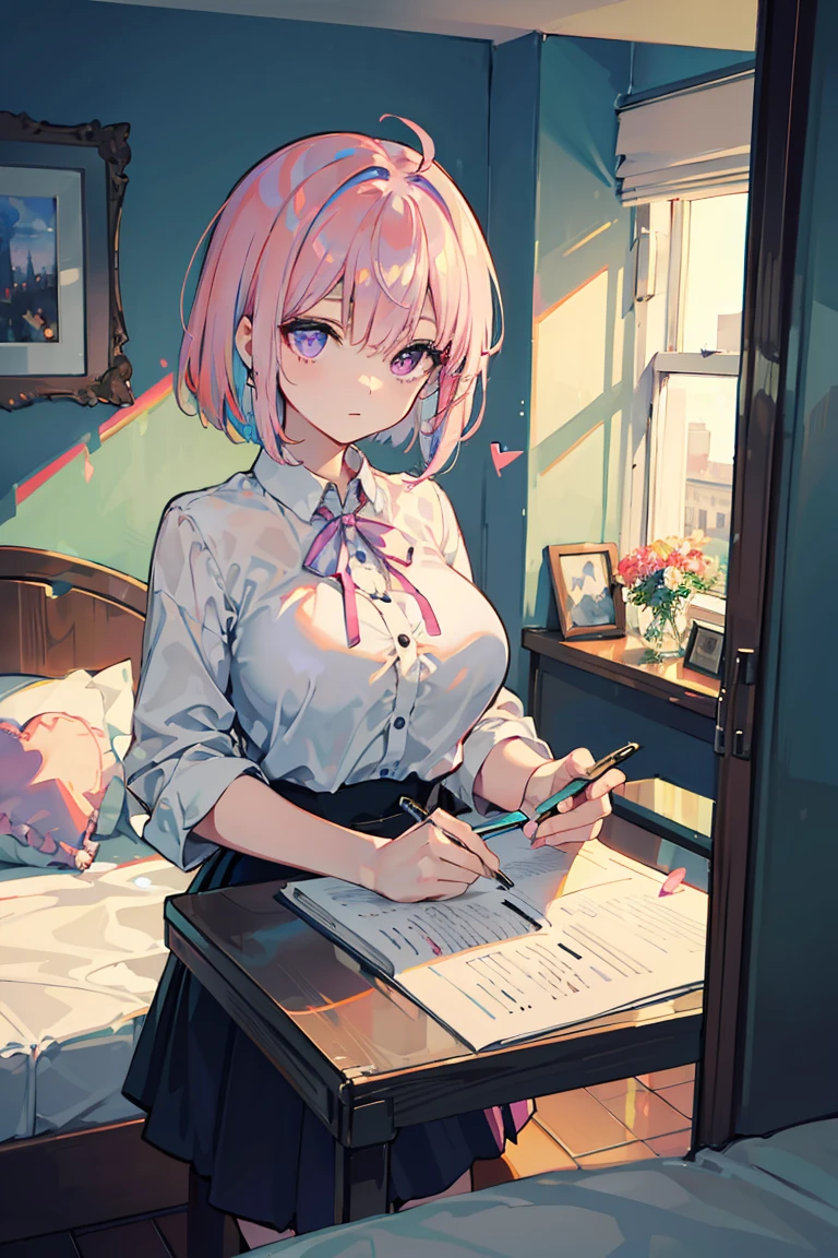 Fantasy,((Masterpiece)),((high resolution)),((Best Quality)),Anime illustration,((1girl)),(wavy hair),(short hair),(pale pink hair color),small ponytail,Red eyes,(Big round eyes),((tareme)),((child)),12 years old,((baby face)),((very big breasts)),Short stature,Young,((loli)),,,cardigan,mini skirt,smile,Ladylike,classroom,