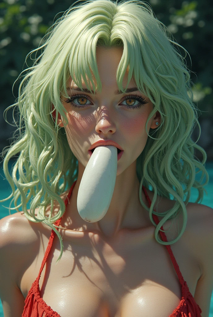 Fey com pele rosa tem quatro olhos pretos e orelhas de peixe e cabelo verde