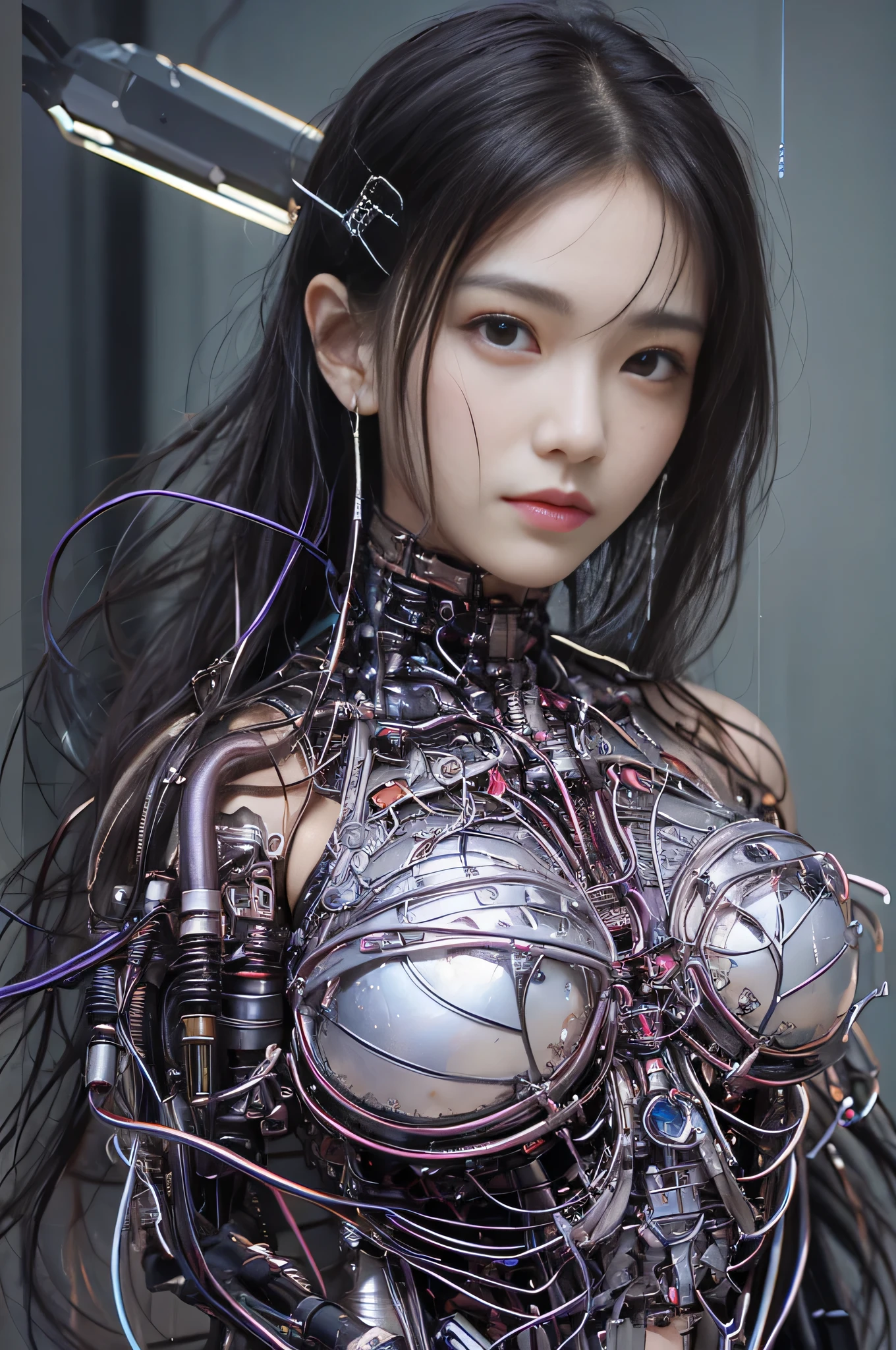 best quality、A masterpice、UltraHighResolution、(photorealestic:1.4)、Raw photo、1人、Black hair、glowy skin、1 Cyborg Girl、((hyper-realistic details))、portlate、Global Illumination、Shadow、Rendu octane、8K、ultrasharp、HugeBoobs、Raw skin is exposed in cleavage、metals、Details of complex ornaments、Details of Gundam Aerial、high intricate details、Realistic light、CGSoation Trends、purple colored eyes、glowing eye、Facing the camera、neon details、Mechanical limbs、blood vessels connected to tubes、Mechanical vertebrae attached to the back、mechanical cervical attaching to neck、sitting on、Wires and cables connecting to the head、Small LED lamps、Glowing tube、The background is the server room of the future、