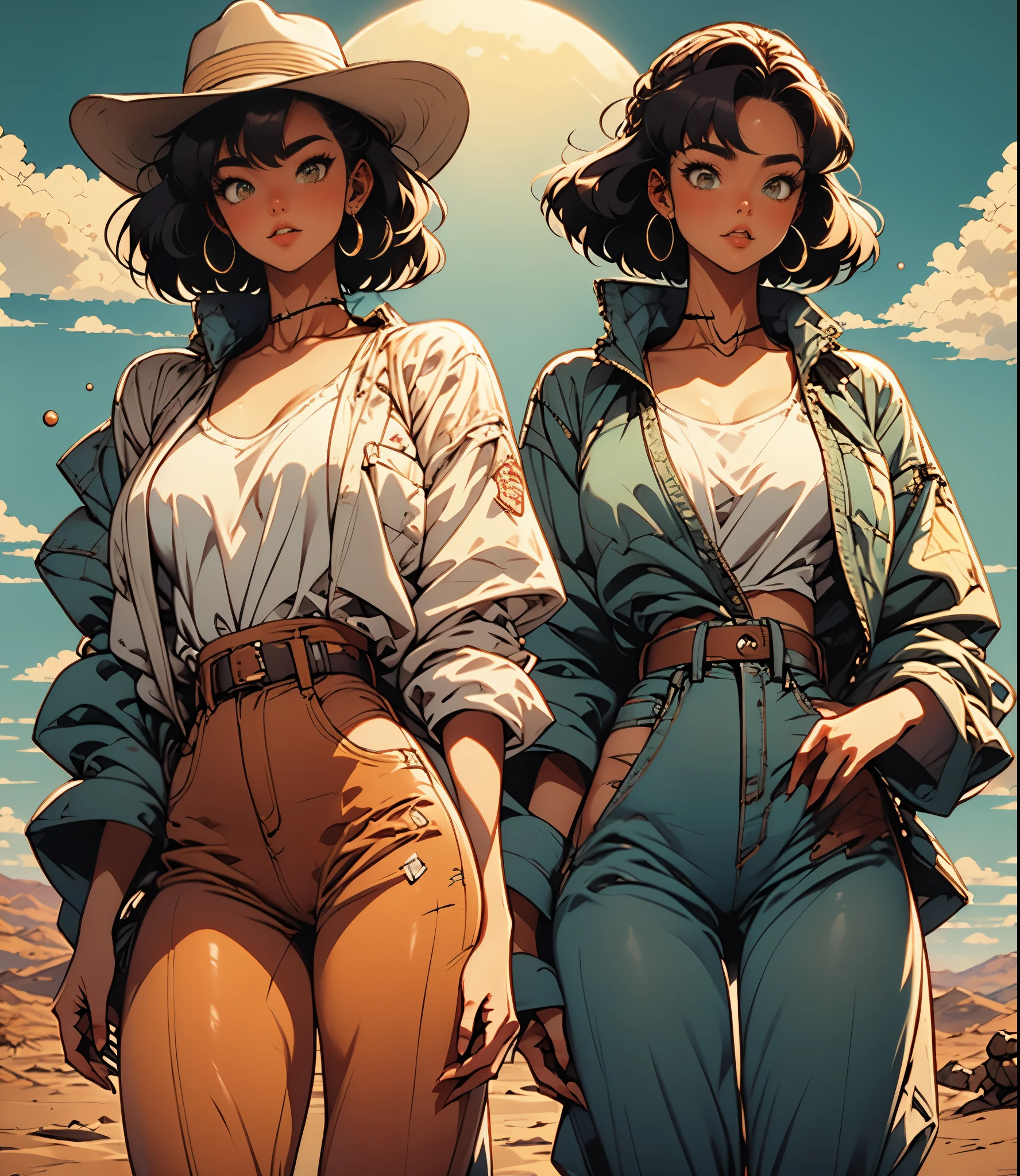 1 female cowgirl (1 girl), cowgirl jeans, cowboy clothes, cowboy hat, sheriff, shooting a gun, años 90, retro. Background: desert, western, sunny, 