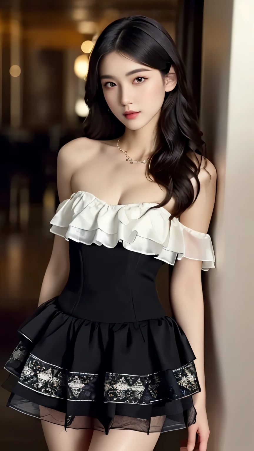 (Top quality, masterpiece, 8k), (Realistic skin texture), very detailed, perfect face, beautiful eyes, perfect eyes, detailed eyes, feature large highlight, detailed face, ultra-detailed, detailed eyes, symmetrical eyes, (Dynamic angle), (half smile:1.0), Sharp details, (long black hair:1.2), (20 years old), (mature face:1.4), slim, slim body, (small breasts:1.2), (cabaret club dress, tiered skirt, frills), (cowboy shot:1.5), looking at the viewer,