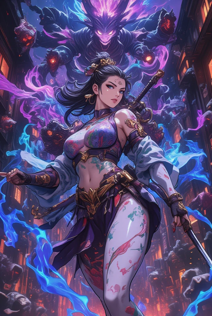 High quality 4K artwork ,Ultra Sexy Woman ,Flaming skull-faced samurai with blue flames,kimono branco