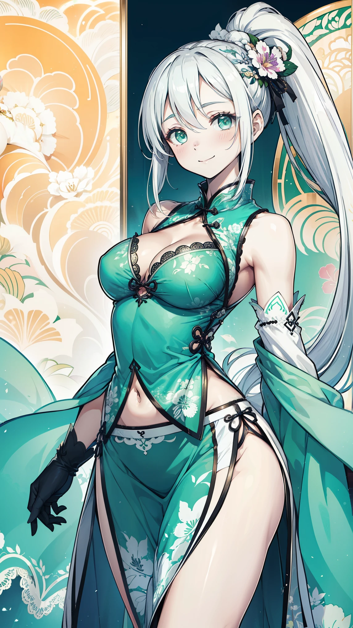 uma jovem mulher, lindo, cabelo longo e liso com rabo de cavalo, cabelo loiro, olhos verde-esmeralda, pele branca, rosto detalhado, curvy body, Seios pequenos, quadris largos e coxas grossas, Green Chinese dress with yellow patterns, ajustado, escote, erotic.