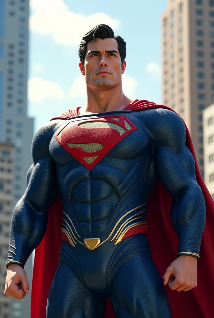  (masterpiece:1.2), (best quality:1.2), perfect eyes, perfect face, (((Christopher Reeves and Henry Cavill))), volumetric lighting, 1boy, superman, grin, grinning, abs, bara, black hair, blue bodysuit, blue eyes, bodysuit, full-length cape, closed mouth, heroic, large pectorals, male focus, muscular, muscular male, pectoral lift, pectorals, red cape, short hair, outdoors, skyscrapers, solo, superhero, upper body , ((masterpiece)), superhero pose