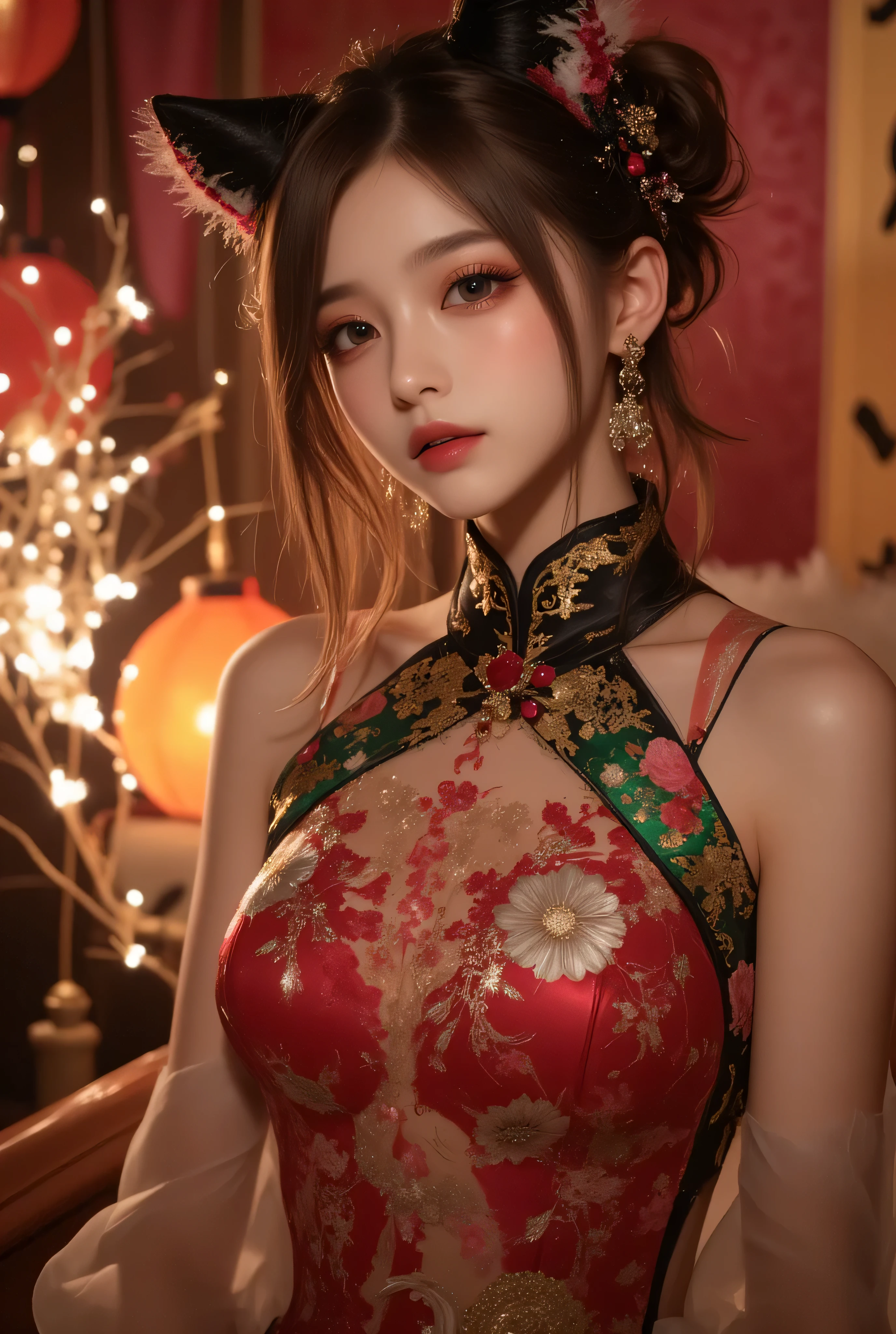 Cat ears、 face up, attractive, pretty girl, ponytail、few beautiful lady hair decorations, (( fine facial features , eroticism)), dramatic lighting , realistic , 8k, Dramatic Shadows , intricate and elaborate patterns , super detailed photo , chiaroscuro lighting , Pleasant colors , deep contrast , super real 、 pink lipstick、 warm room、Vintage Fireplace 、 cinematic composition、Close-up of face, pretty half part transparent open shoulder loose outfits dress, tang style, A beautiful Korean idol wearing a one piece red-green-black tightly cheongsam with phoenix and intricate floral golden embroidery, golden and silver outline on dress, standing gracefully in a room filled with traditional Chinese New Year decorations. The room features vibrant red lanterns, decorative calligraphy scrolls, a small Chinese orange tree with golden ornaments, and several red envelopes scattered across the floor and hanging from the tree. Adorable, playful cats are part of the scene—some sitting near the tree, others curiously pawing at the red envelopes or lounging around. Through a window or an open door in the background, vibrant Chinese fireworks light up the night sky in an array of reds, golds, and blues, casting a magical glow into the room. The idol’s outfit is paired with subtle accessories like red hairpins or earrings, complementing the festive look. The atmosphere is warm and lively, filled with the joyful essence of the celebration, enhanced by the shimmering lights of the fireworks and the lively decor.