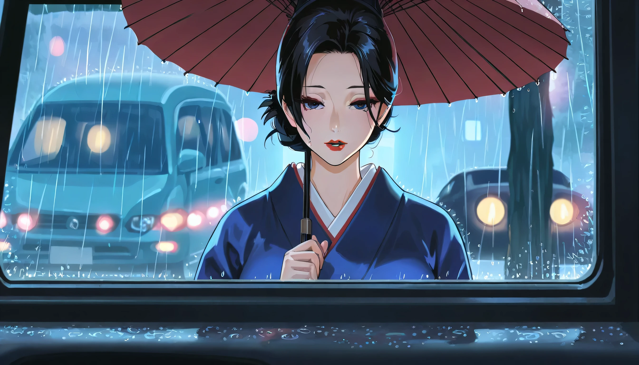 a mature woman bend little , knocking ((modern car window)) in street at night ((( blue kimono)) ,((folded hair bun)) in black color, ((red lips)), bending little , Holding umbrella in rain ,bend for knock the window, ((third person front view)) ,((guilty sad expression))
