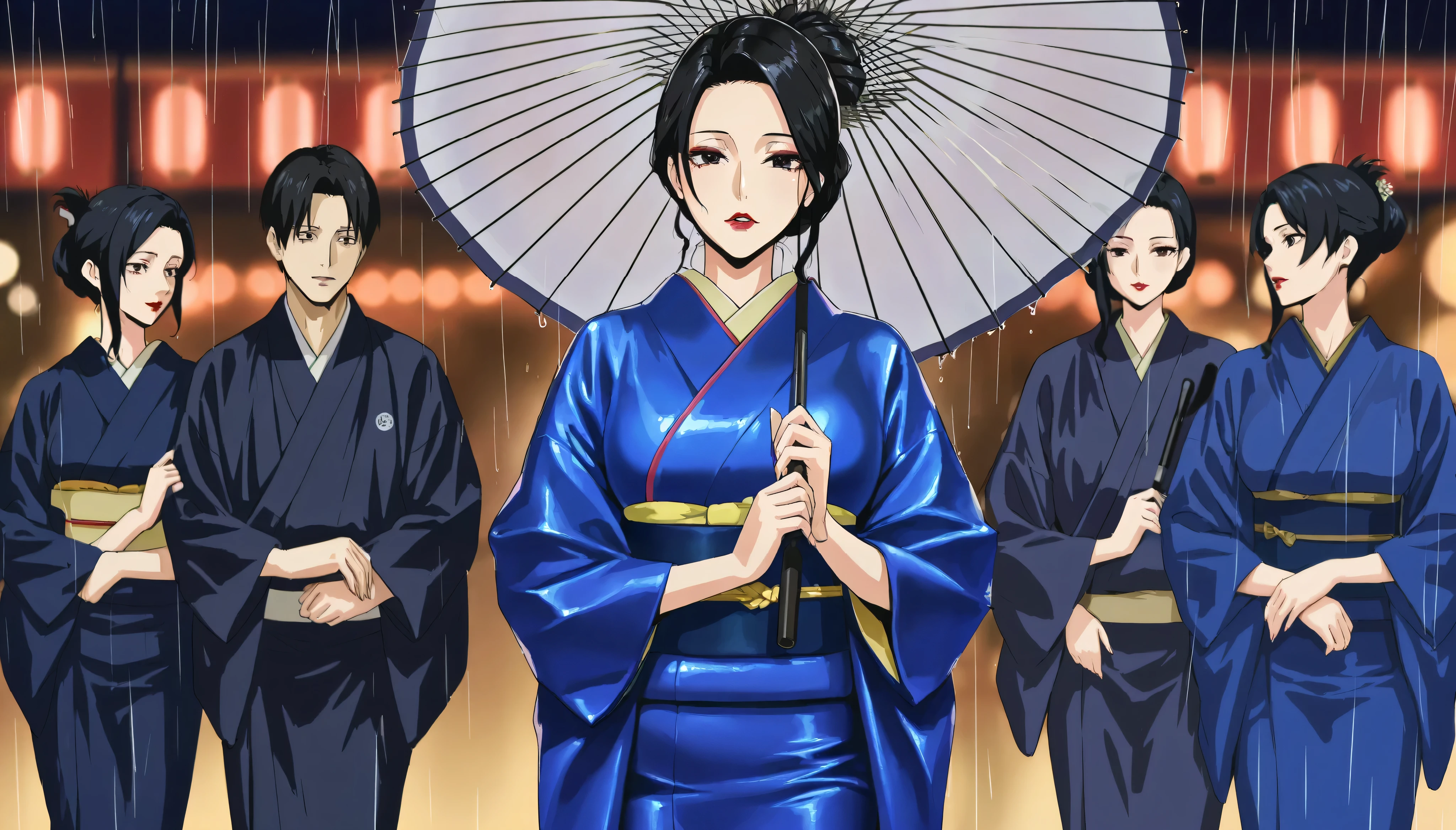 a mature woman , walking in street at night ((( blue kimono)) ,((folded hair bun)) in black color, ((red lips)), standing straight , Holding umbrella in rain walking straight ((front view)) ,((guilty sad expression))