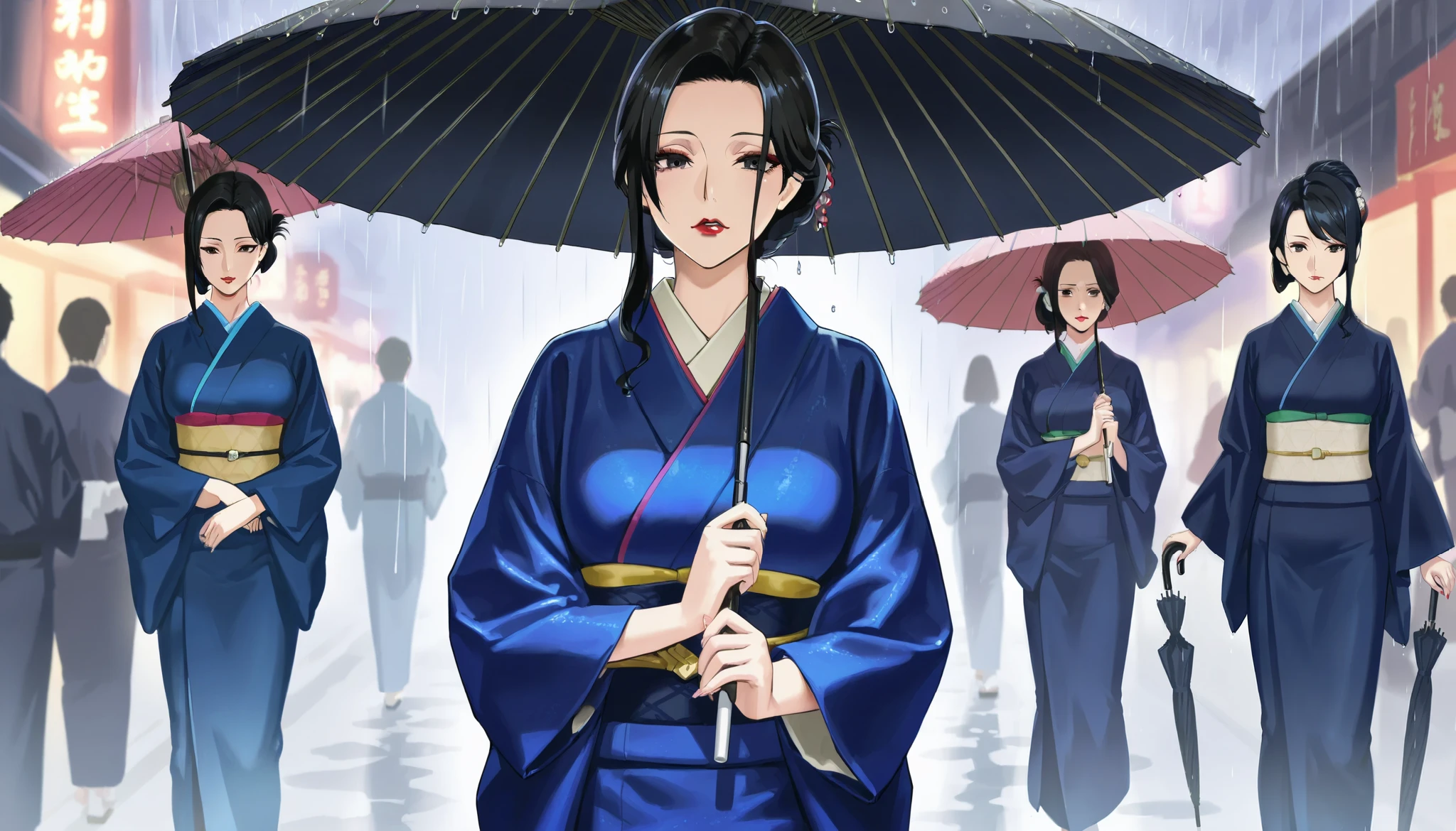 a mature woman , walking in  street at night ((( blue kimono))  ,((folded hair bun)) in black color, ((red lips)), standing straight , Holding umbrella in rain walking straight  ((front view)) ,((guilty sad expression))