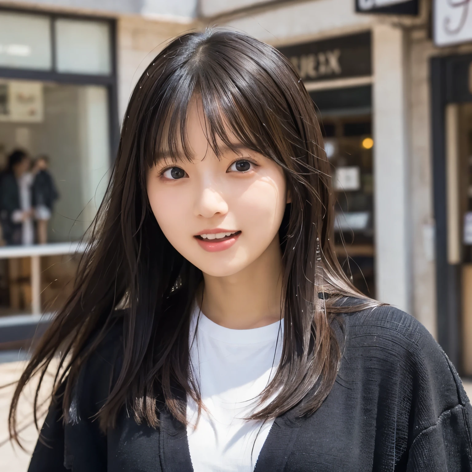 Hair swaying in strong winds , black cardigan, white t-shirt , Street corner in the early afternoon , Blurred shop exterior, ( from the front:1.2), ( face close-up:1.3),( selfie:1.2), open their mouths and laugh, girl, busty, black hair, straight hair , bangs, masterpiece, professional lighting
