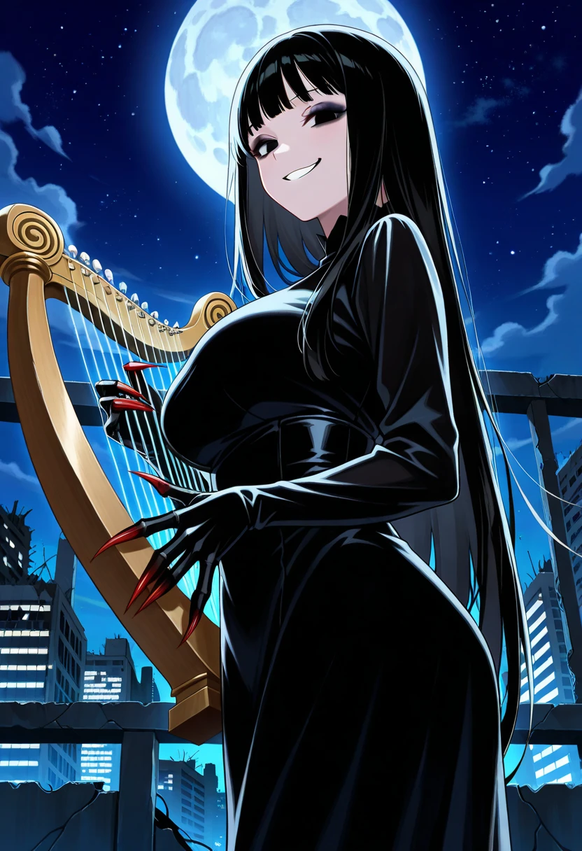 High resolution:1.2, best quality, perfect face, perfect anatomy, expressive eyes, fantasy landscape, 1girl, cute arachne, cute spider goddess, full body, medium breasts, white hair with highlights, black hair, long hair, pointed ears, red eyes, sexy dress, blue eyes, headgear, 8-legged spider