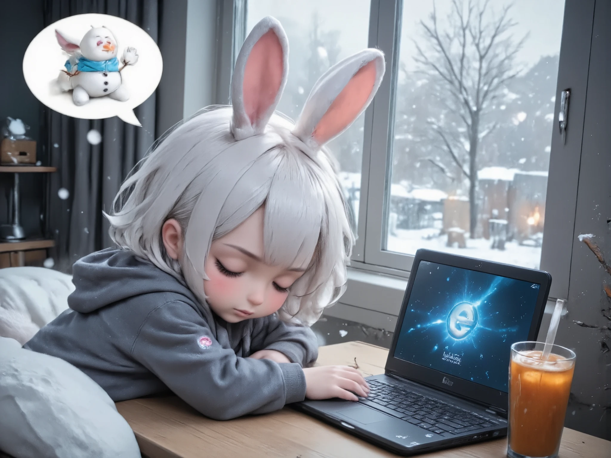 chibi-character diving in the Japanese heated table ,chibi-character\(short hair, Rabbit Ears, closed eyes, white skin, gentle expression, The girl in the hoodie\), chibi-character has only his face out of the Japanese heated table 、 sleeping sideways ,
speech bubble over her head、 cute snowman icon on the
speech bubble 、 laptop and tangerine and drink is placed on the Japanese heated table、There is an Internet Explorer icon in the center of the computer screen、The text " seaart " is hanging below the icon 、 Please feel the gap between a modern room with a window and a torchlight 、 heavy snowfall is blowing outside the window 、 her face looks so weak , the peaceful atmosphere of everyday life