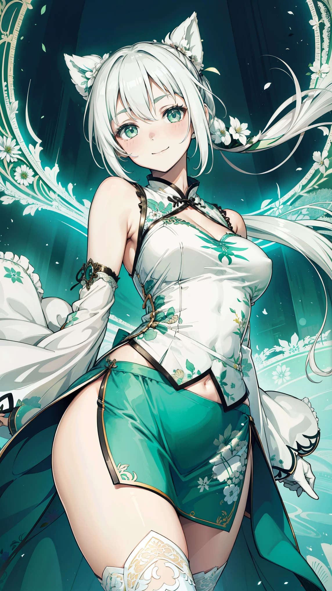 woman (familiar face) Wearing the magical symbol of the glowing forest, sunny, Fine swirls and perfect wind: fog, fox ears, fox tail, bushy tail, sunny, Mysteries of Japanese forests, The beauty of tranquility, a cute fantasy world of smiling faces, dignity, Celestia, light green and silver tones.