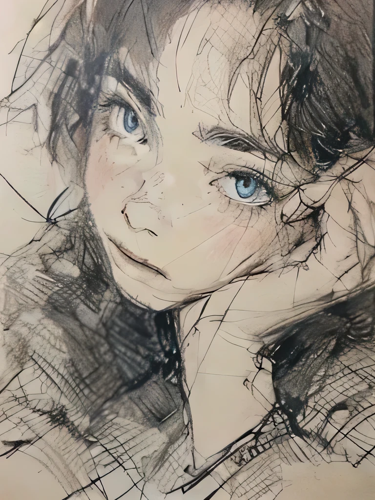 , drawing, monochrome, hand on face
