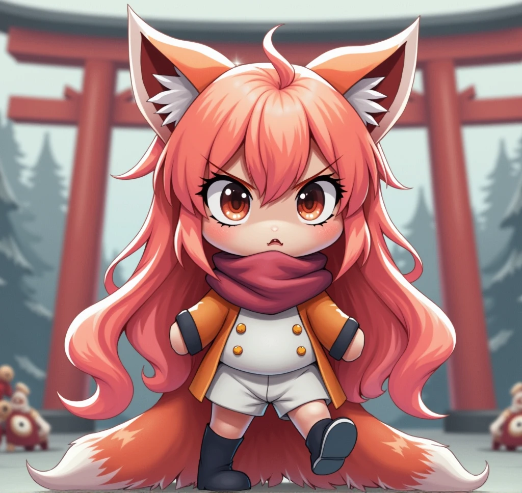 Anime girl with long pink hair and a scarf standing in front of a tori ...