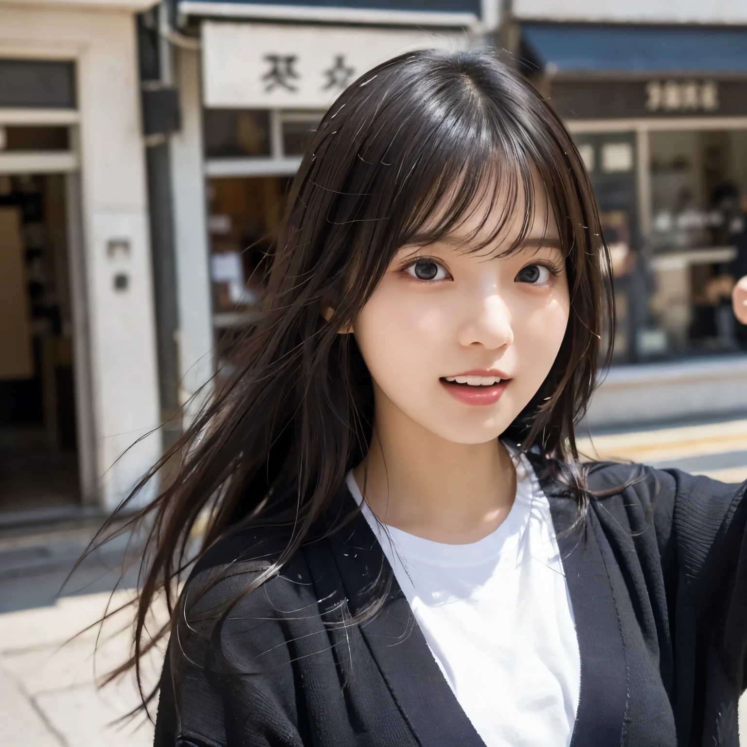 Hair swaying in strong winds , black cardigan, white t-shirt , Street corner in the early afternoon , Blurred shop exterior, ( from the front:1.2), ( face close-up:1.3),( selfie:1.2), open their mouths and laugh, girl, busty, black hair, straight hair , bangs, masterpiece, professional lighting