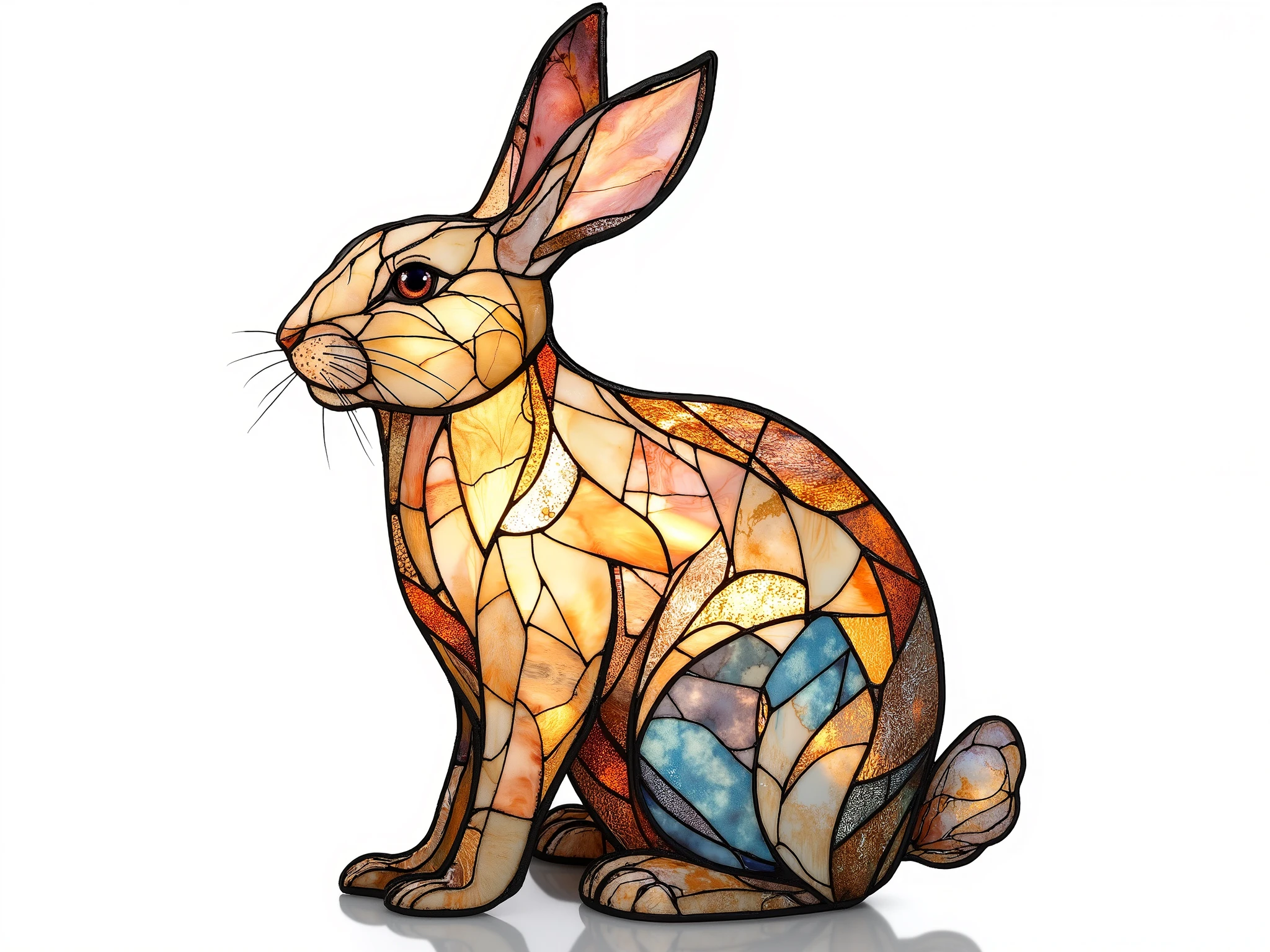 A highly detailed digital illustration of a rabbit in a stained glass art style. The rabbit's body is composed of intricate, carefully arranged stained glass pieces in various shades, giving it a delicate yet radiant appearance. Each glass fragment has fine black outlines, mimicking the craftsmanship of real stained glass. The rabbit has expressive eyes and a gentle, natural pose, sitting or standing elegantly. The background is white or white main, enhancing the stained glass effect and making the rabbit the central focus. Light reflections on the stained glass add depth and a glowing, ethereal touch to the artwork.