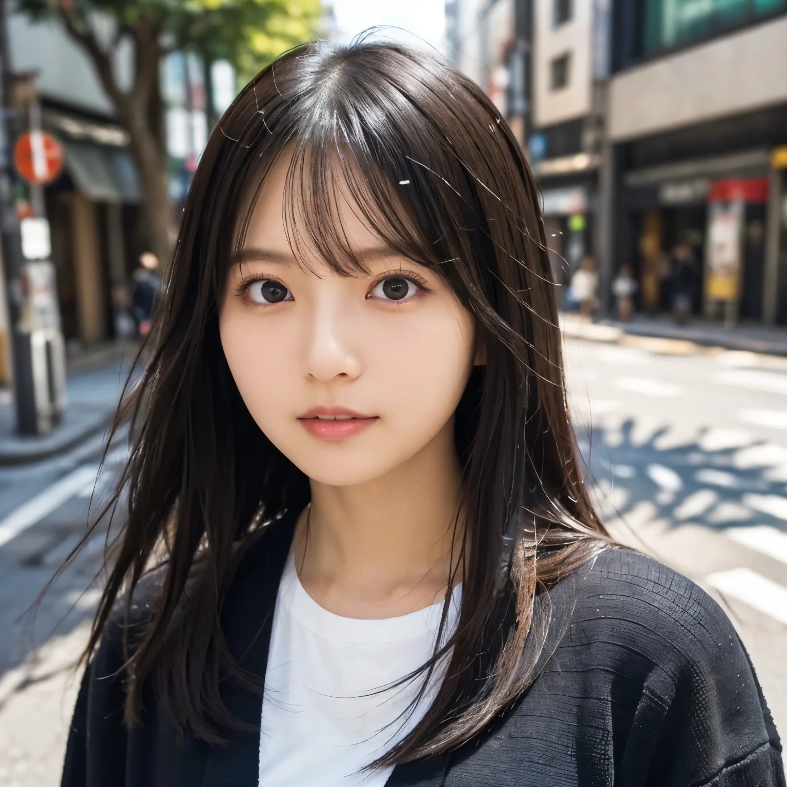 Hair swaying in strong winds , black cardigan, white t-shirt , Street corner in the early afternoon , Tokyo , ( from the front:1.2), ( face close-up:1.3),( selfie:1.2), girl, busty, black hair, straight hair , bangs, masterpiece, professional lighting