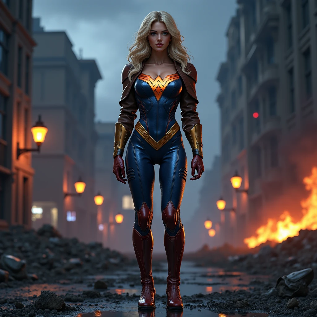 A beautiful woman with long blonde hair wearing a red and blue top with a yellow eagle-like emblem on her chest with ripped blue jeans, boots and gold bracelets, headband with a red gold star on her forehead screaming exhausted after an extensive battle blood all around her in a cold dark apocalyptic city bloody and scary images