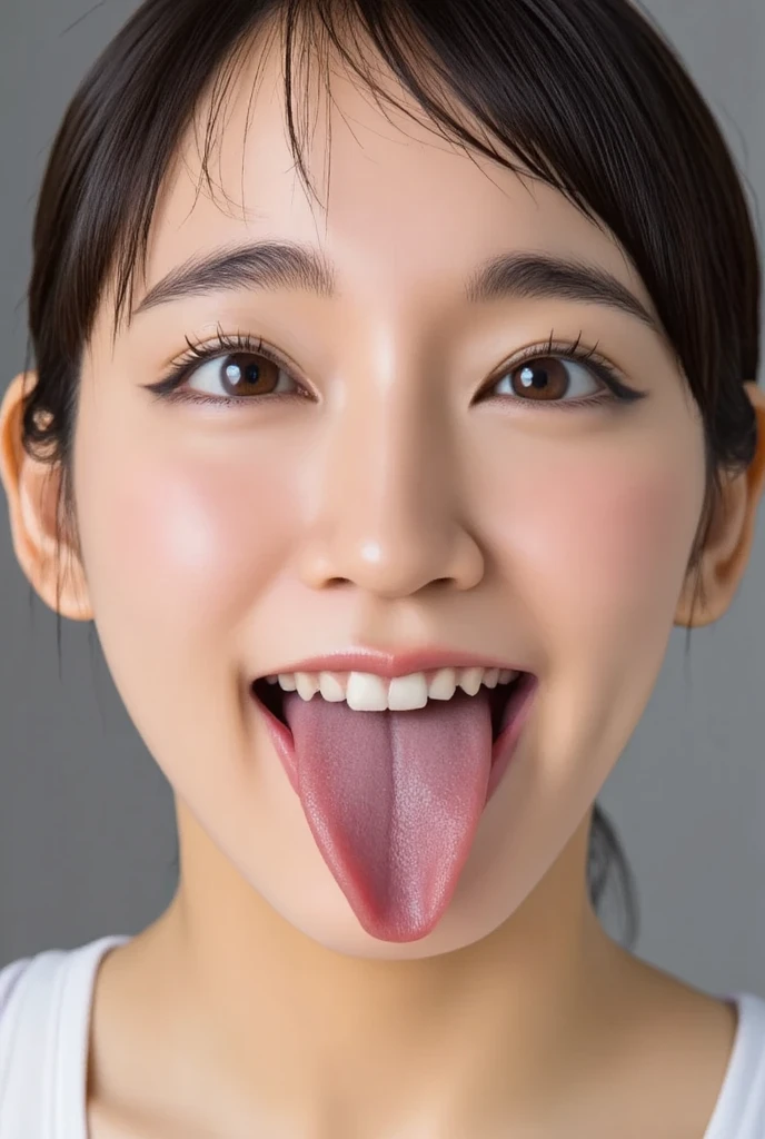 (highest quality、Tabletop、8k、Best image quality、Award-winning works)、pretty girl、Perfect girl portrait photo、Glowing Skin、Brown Hair、Standing Elegantly、Glowing Skin、White skin、(Face close-up:1.6)、(Open your mouth and extend your tongue:1.2)、(Perfect beautiful tongue:1.2)、(tongue covered with saliva,:1.1)、(Wet saliva-covered tongue:1.1)、Moist Skin、Sweaty skin、Damp Hair、Hot face、Sweaty woman、Cute Smile、(The simplest beige background:1.1)