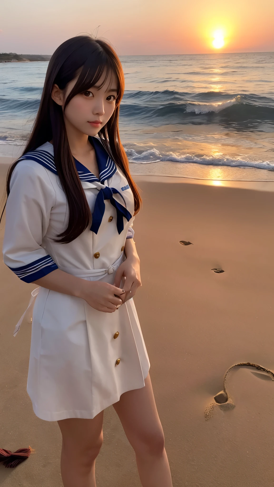 Arafed asian woman in sailor outfit standing on beach at sunset - SeaArt AI