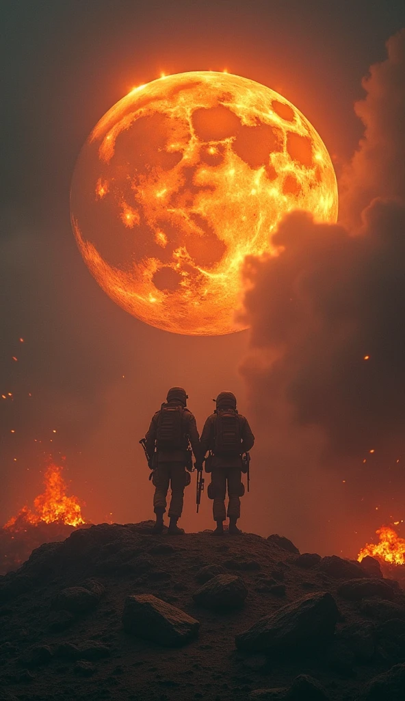 (apocalypse with a big planet in the sky:1.1), (2 guys walking:1.1), lava and fire,( a big monsters in the sky:1.1), hdr, intricate details, hdr, photorealistic, full hd, good render, ultradetailed, (all city in fire:1.2), detailed background, mutants, monster, cinematic lights, epic shades, epic moments, much of color lights, fire, intricate details, detailed background, insane details, hyperdetailed 24mm, (4k textures, hdr, cinematic dramatic light:1.2),