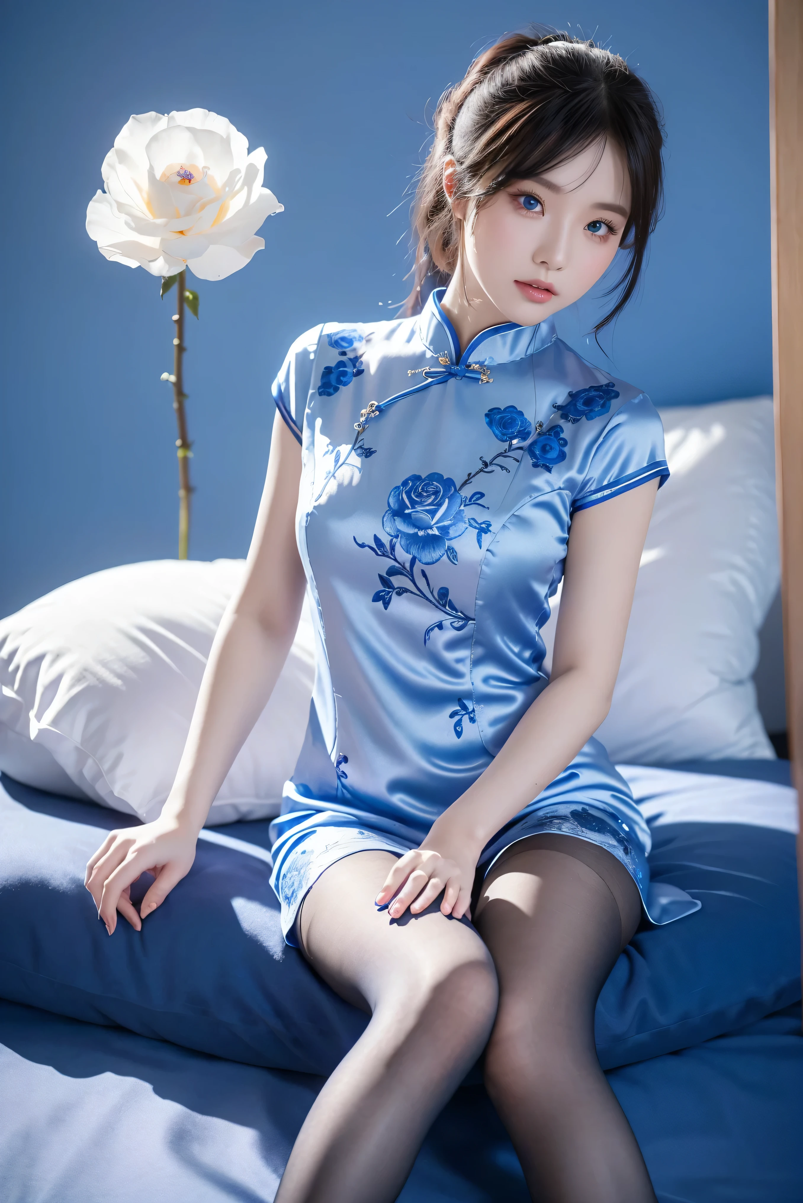 Cheongsam, 1 girl, blue bow, blue eyes, blue flowers, blue ribbon, blue rose, chest, Chinese clothing, Chinese clothing, dress, flower, gradient, gradient background, embroidered ball flower, looking at the audience, small chest, pantyhose, rose, single, thigh pantyhose, Chinese paper fan with painting on it,