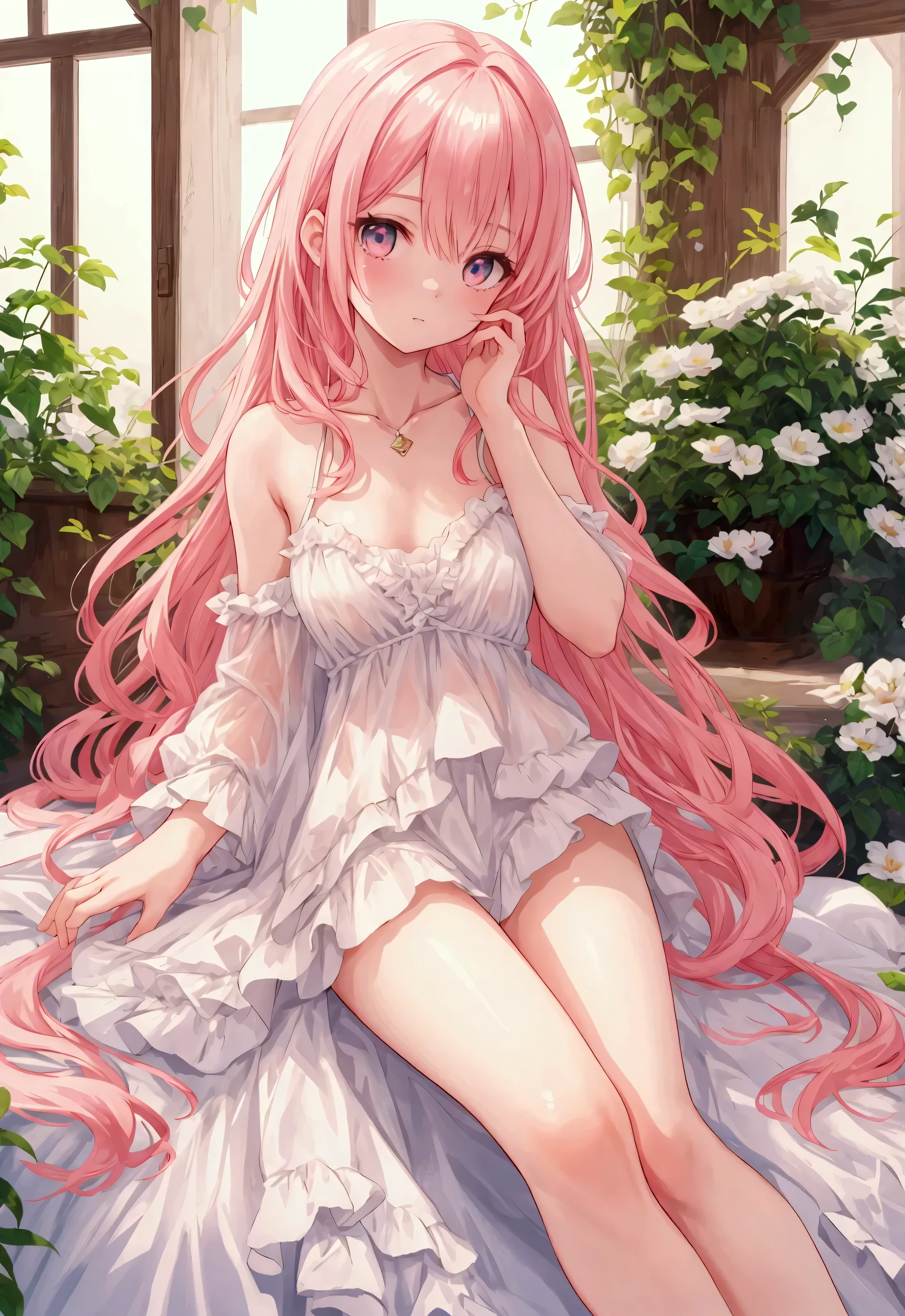 (best quality, 8k, masterpiece:1.2, nsfw ),Cutest,Cute girl,mesugaki,Beautiful face,Beautiful eyes,Beautiful hair, Light pink hair,Lots of colorful flowers,