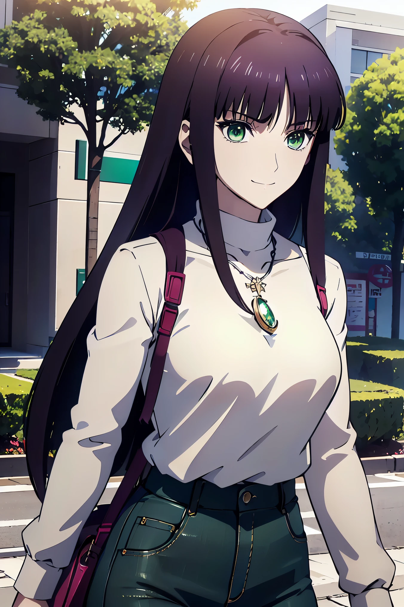 UHD and 8K Connection , high resolution, Sophisticated CG , high quality shadows, details beautiful delicate face , Beautiful Delicate Eyes ,break( Ultra-fine8K壁紙),( high resolutionの DetailsなCG 8Kの壁紙),Makima ( chainsaw man), Sukasach ( destiny / GRAND ORDER REQUIRED ),Reika Shimodaira , portai , Very Delicate and Beautiful CG Illustration ,最 high quality , Real Feel ,Realistic Fabric, realistic texture , beautiful thighs, Big Breasts 、 slim waist,((( Masterpiece))), (((最 high quality ))),8k,32K, Masterpiece, Beautiful Attractive Anime Woman , Ultra-fine, 非常に Detailsな , high resolution, Super Realistic High School Student , masseter area , 最 high quality , high quality , high image quality , high qualityのテクスチャ, high quality シャドウ, 高い Details, Details,1 personの少女, high school student seen from the side , alone,I,1 person, alone,1 person, tall ,AS-Adult, adult ,Leg length, beautiful long legs ,8 heads, Statue :171cm, mature girl ,赤 purple hair,赤 purple hair, purple hair, Black Currant Hair , silky smooth hair, colorful hair, 4 Straight Hair ,smile, Happy Smiling , Vivid Expression ,かわいいsmile,Cool Beauty, Beautiful Woman with Sweaty Face, pretty face, Beautiful realism, cross , Bewitching looks ,Quiet look, beautiful hair,She wears a necklace around her neck, necklace, ビーズ necklace ,Magatama Accessories,smile, colorful eyes, Green Eyes,Jade Green Eyes, beautiful eyes, bright eyes,Delicat eyes, Jewel Eyes ,Jade Eyes, droopy eyes ,( Green Eyes:1.5), enchanting face ,, sleeveless, turtleneck , sweater ,JINS,Blue denim pants,Ladies' bag , Behind the shoulder , Orbital Space , standing with beautiful eyes , walking ,holiday,takeoutside,Bustling city, low fashion, blue sky,Building Street,Model Photo,,outside,takeoutside, viewer ,Model Photo, private,holiday