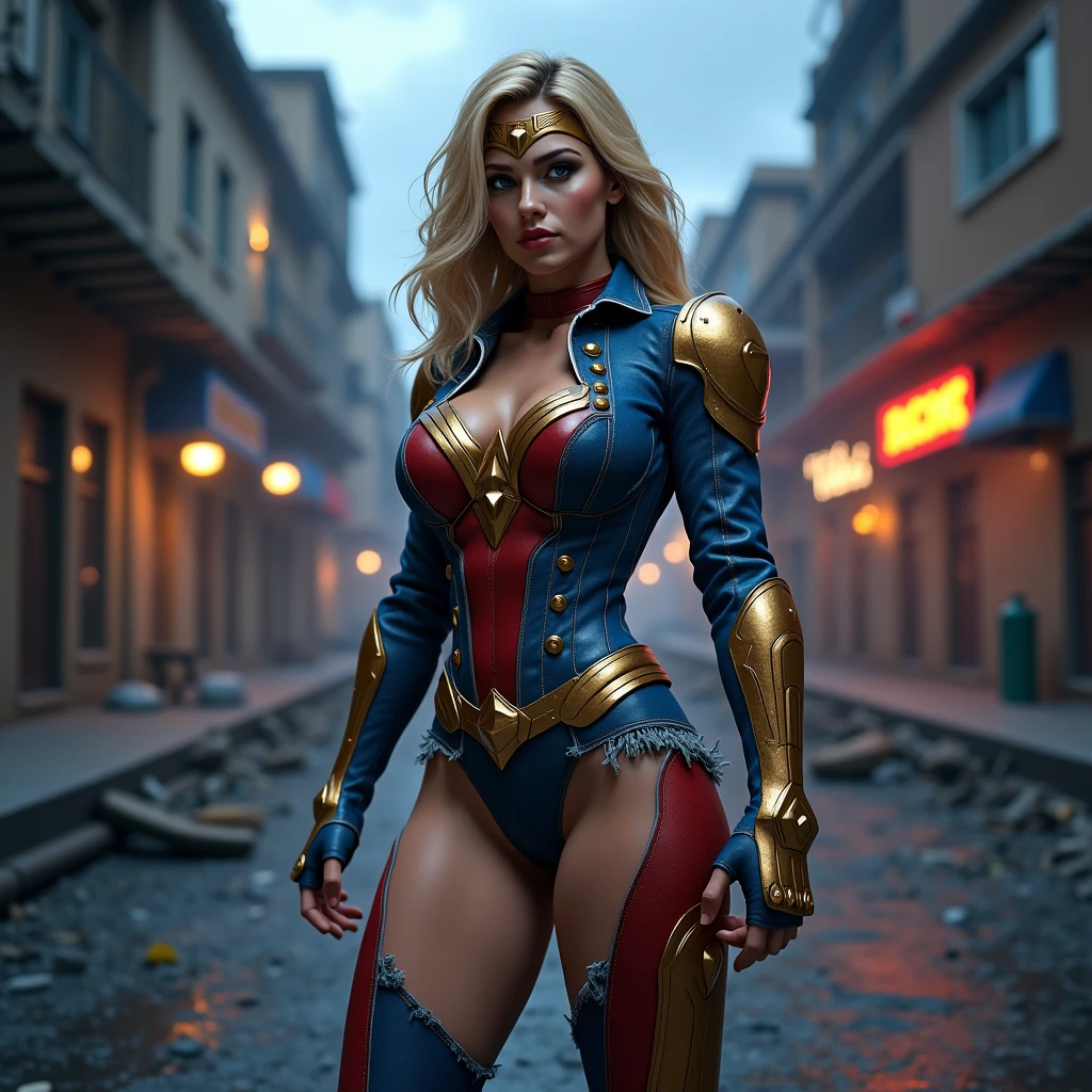  blonde skateboarding in Wonder Woman's outfit
